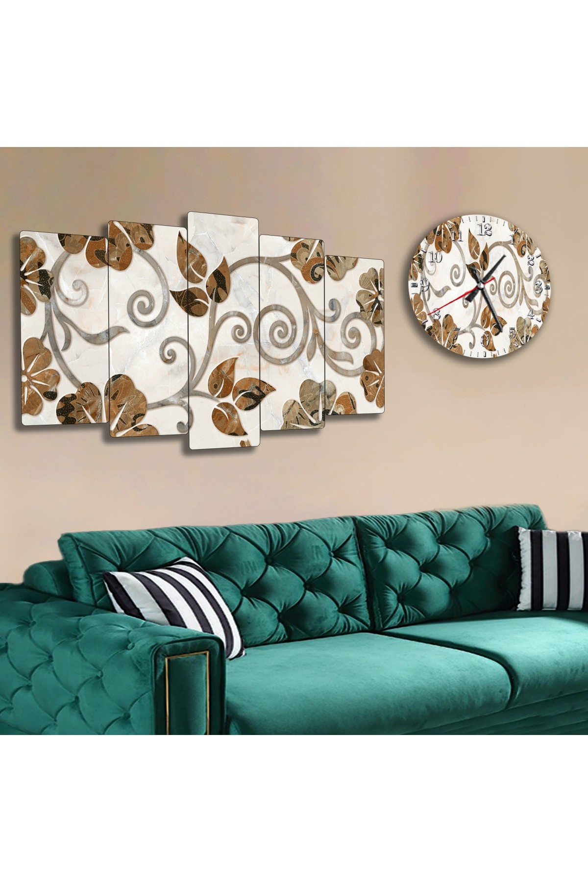 Motifli Ekstra Dayanıklı Solmaz MDF Tablo Ve Saat Kombin