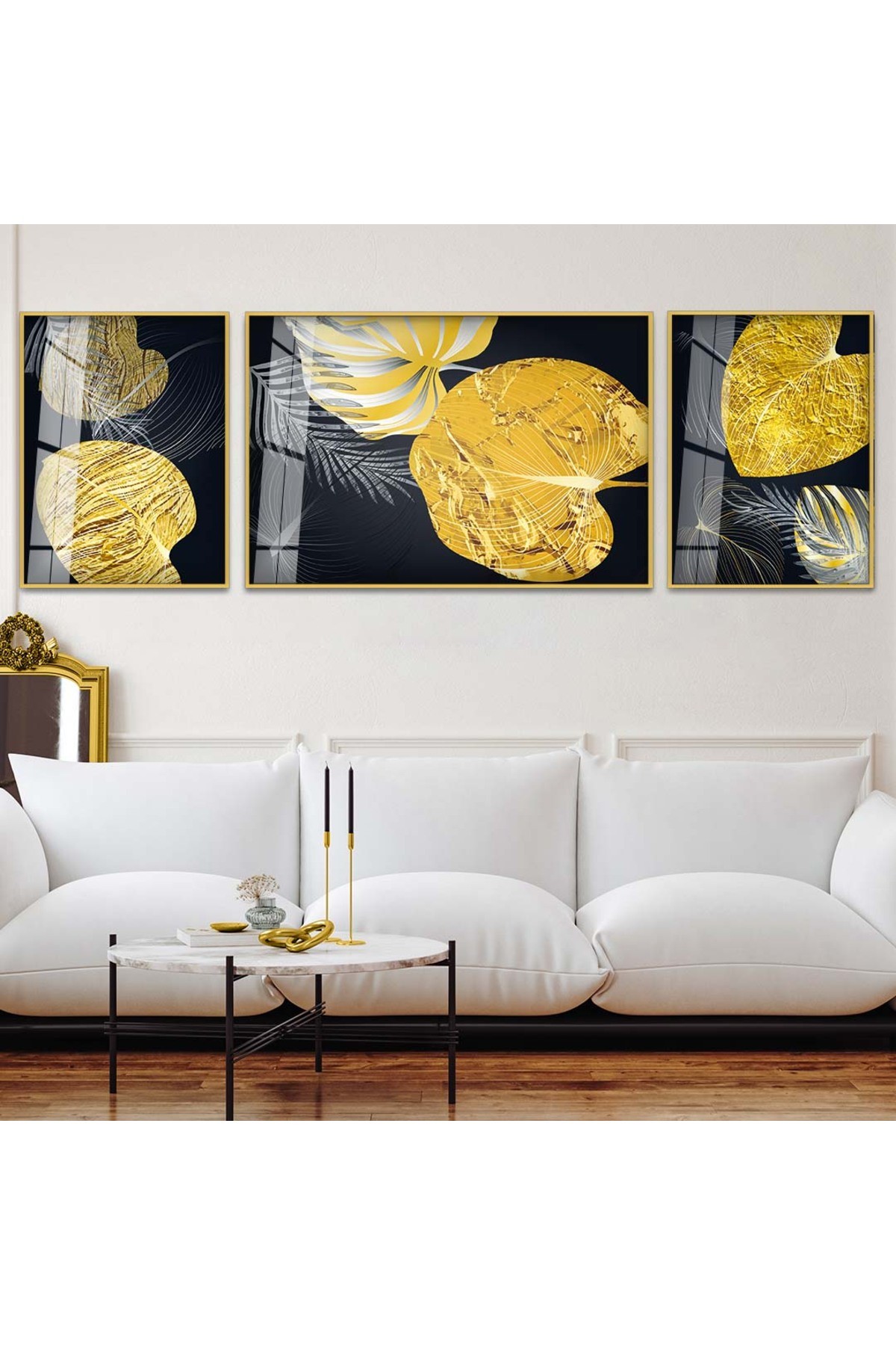 Minimal Sanat Tablosu Çizim Soyut Desen 3'Lü Metal Çerçeveli Kırılmaz Cam Tablo