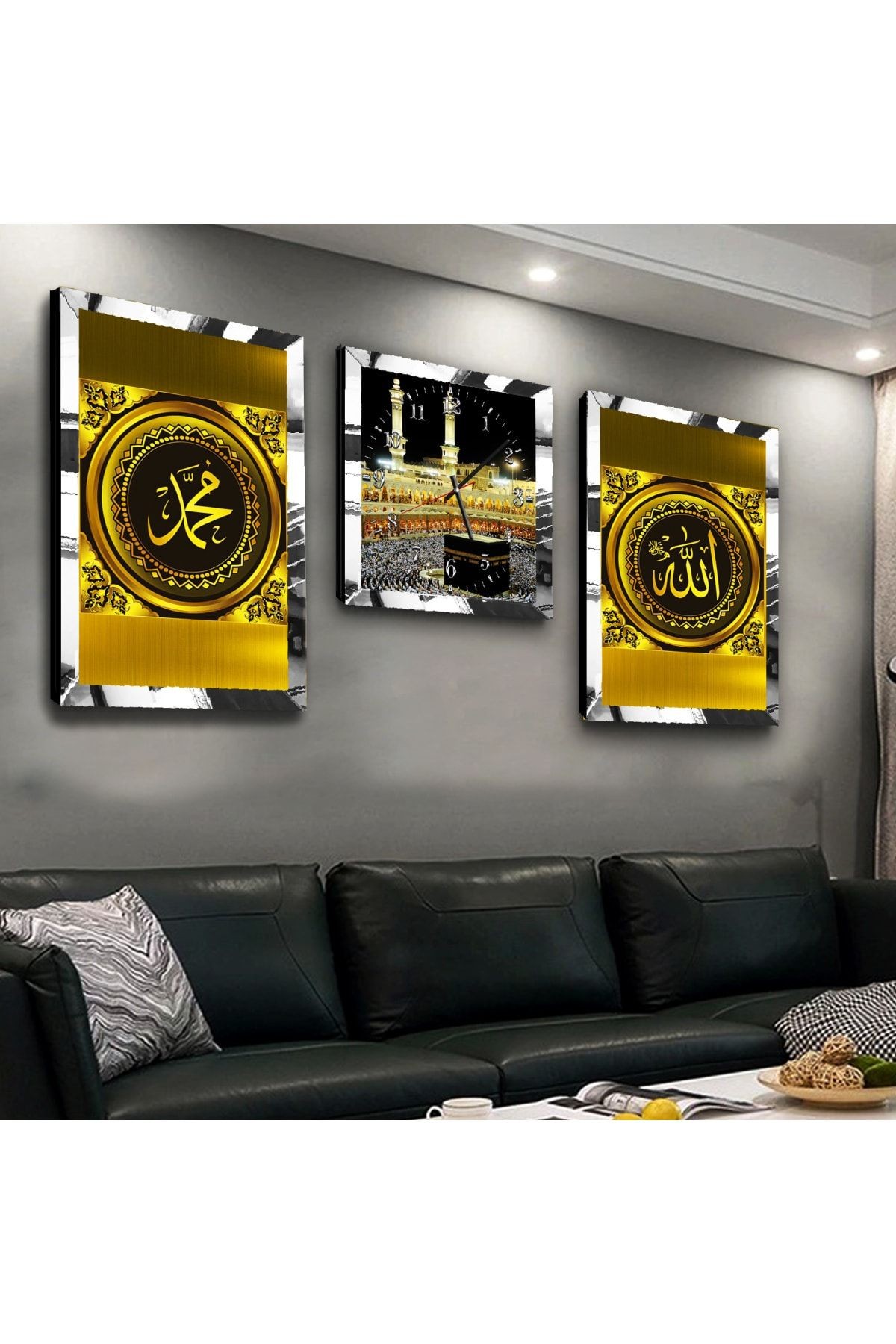 Gold Aynalı Pleksi Çerçeveli Hz Muhammed Allah Lafzı Ve Kabe Üçlü Mdf Tablo Seti Ve Saat Seti