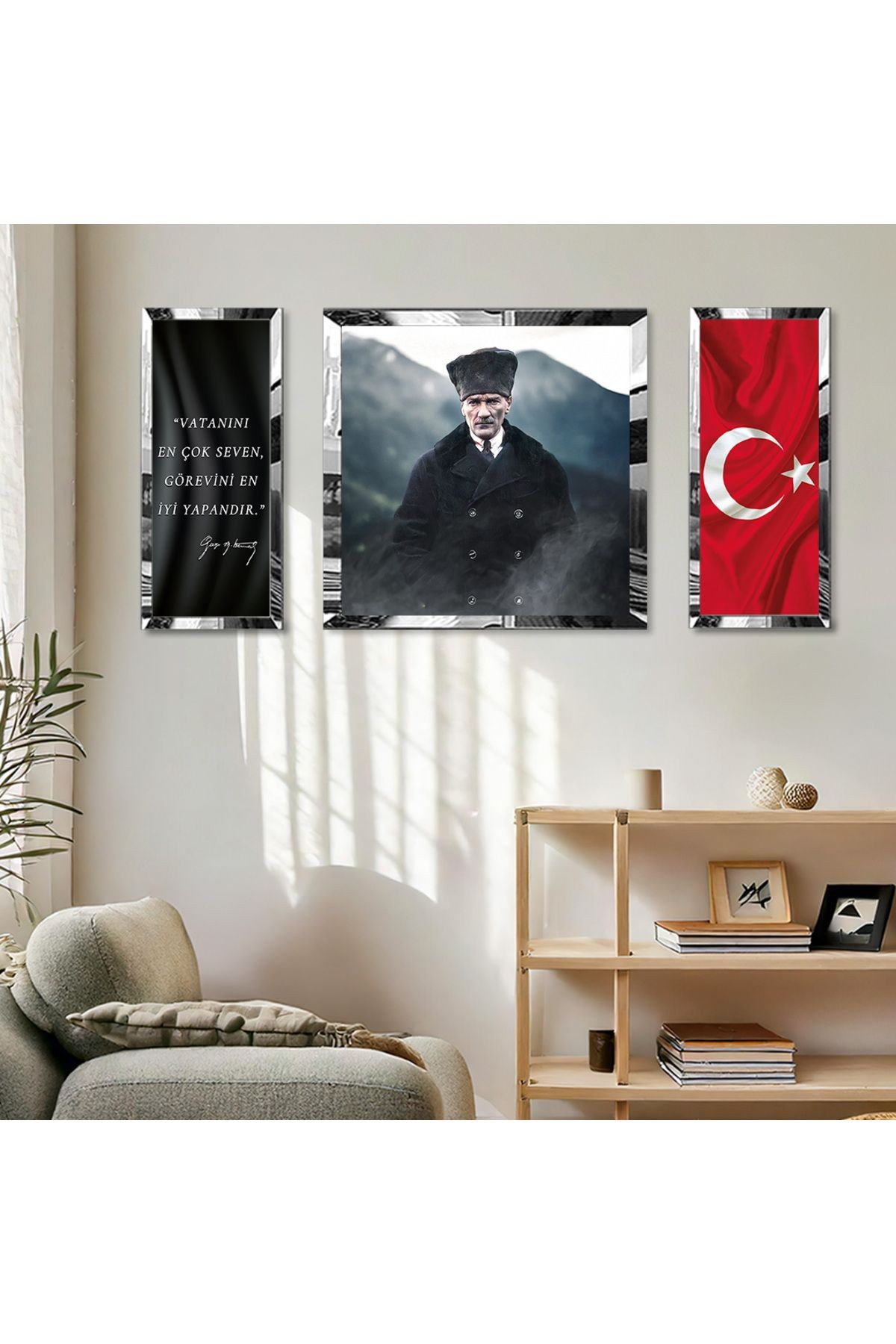Gold Aynalı Pleksi Çerçeveli Atatürk Türk Bayrağı Ve Gazi Mustafa Kemal Imzası Kare Tablo Seti