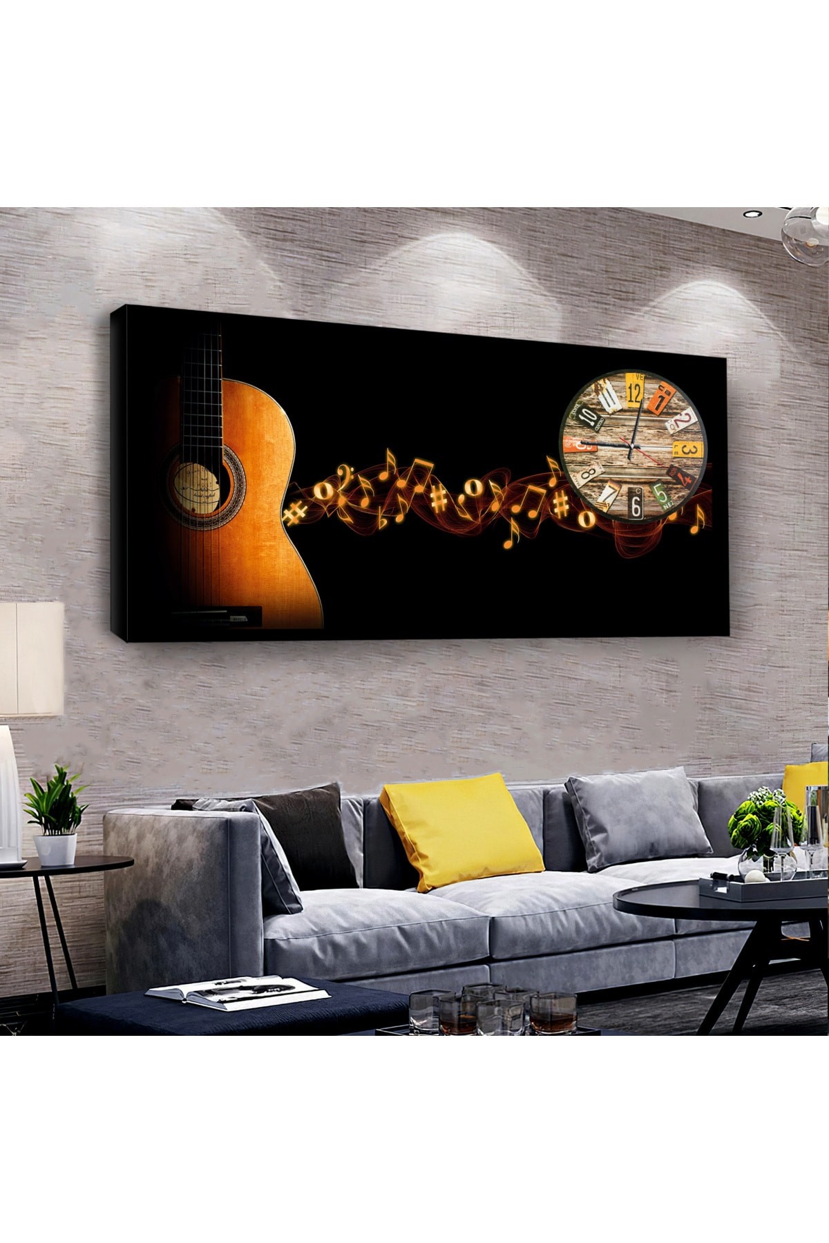 Gitar saatliAhşap Şase Dijital Baskı Kanvas Tablo 100X50Cm