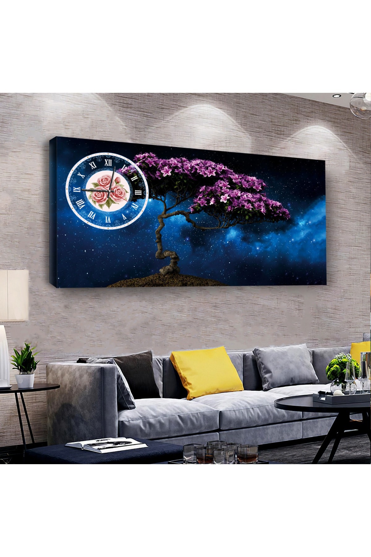 Gece Ağaç saatliAhşap Şase Dijital Baskı Kanvas Tablo 100X50Cm