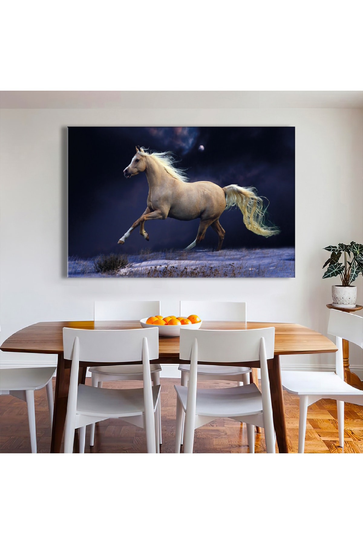 Beyaz At Ahşap Şase Dijital Baskı Kanvas Tablo 120X80Cm