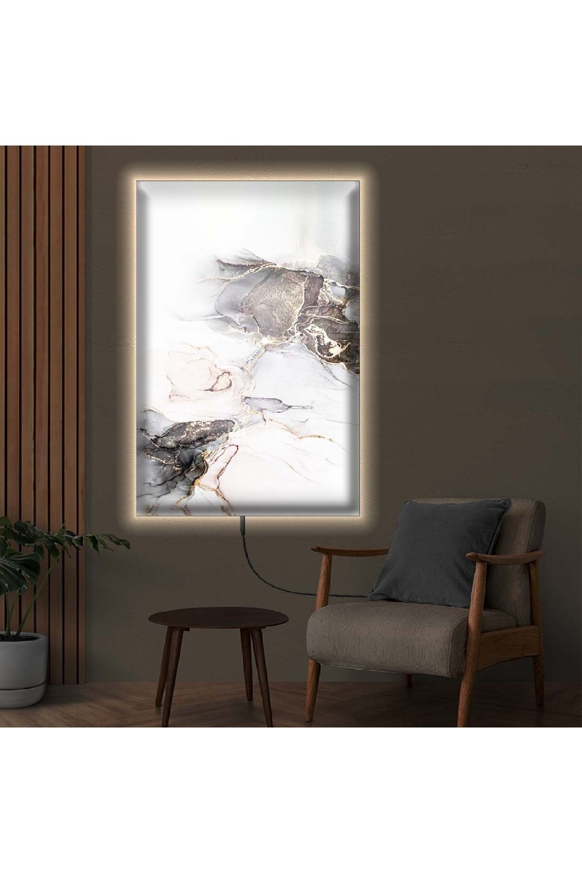 Ledli Taş Desenli Modern Ahşap Şase Dijital Baskı Kanvas Tablo 70X100Cm