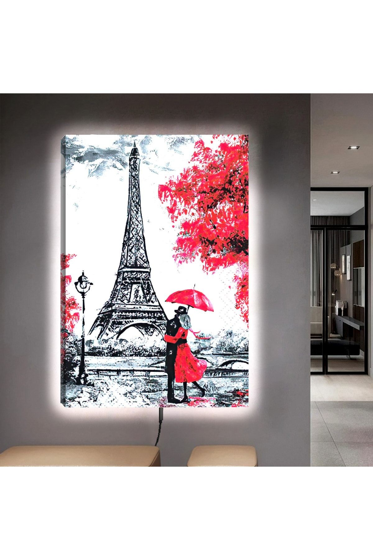 Kanvas Eiffel Kulesi Ve Aşıklar Ledli Tablo