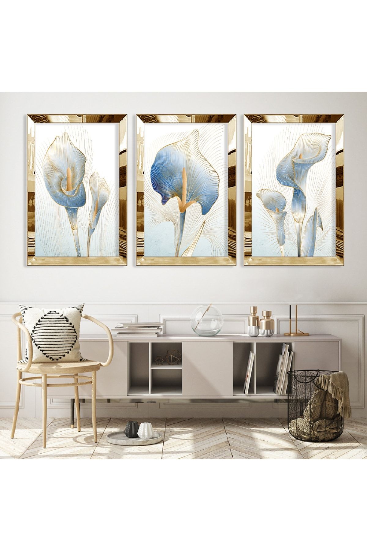 Gold Aynalı Pleksi Çerçeveli Desenli Soyut Çiçek Üçlü Mdf Tablo Seti