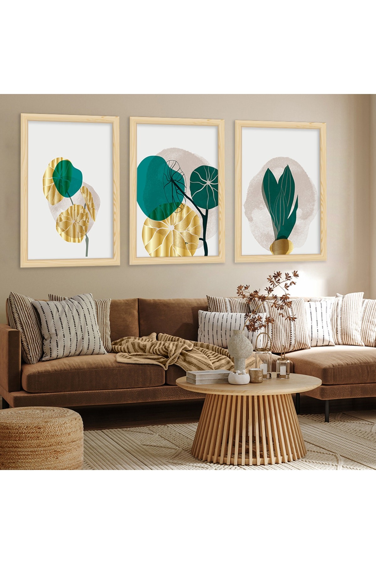 Renkli Minimalist Ahşap Çerçeveli Kolaj Çizim Çiçek Tablo