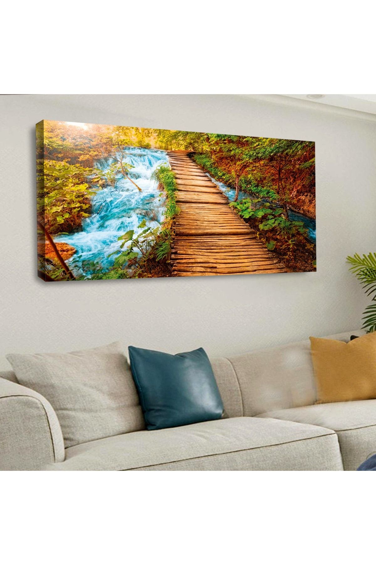 120 X 60 Saatli Kanvas Akarsu Manzara Tablo