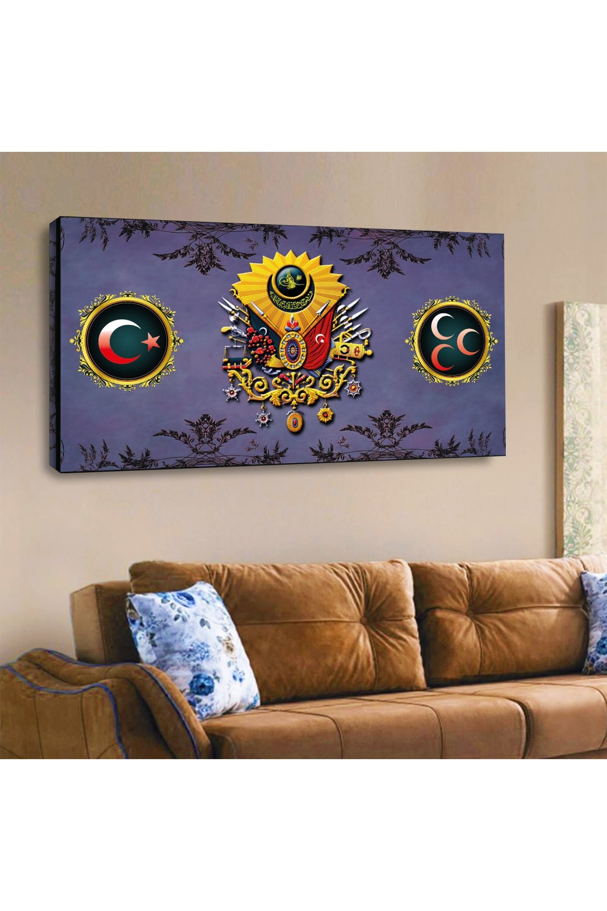 Renkli Ahşap Şase Dijital Baskı Kanvas Osmanlı Tuğrası Tablosu 120X60Cm