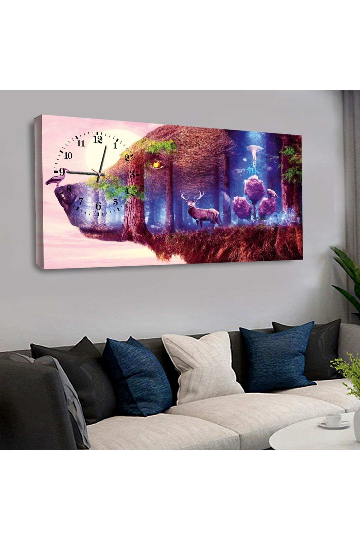 120x60 Saatli Hayvanlar Alemi Kanvas Tablo