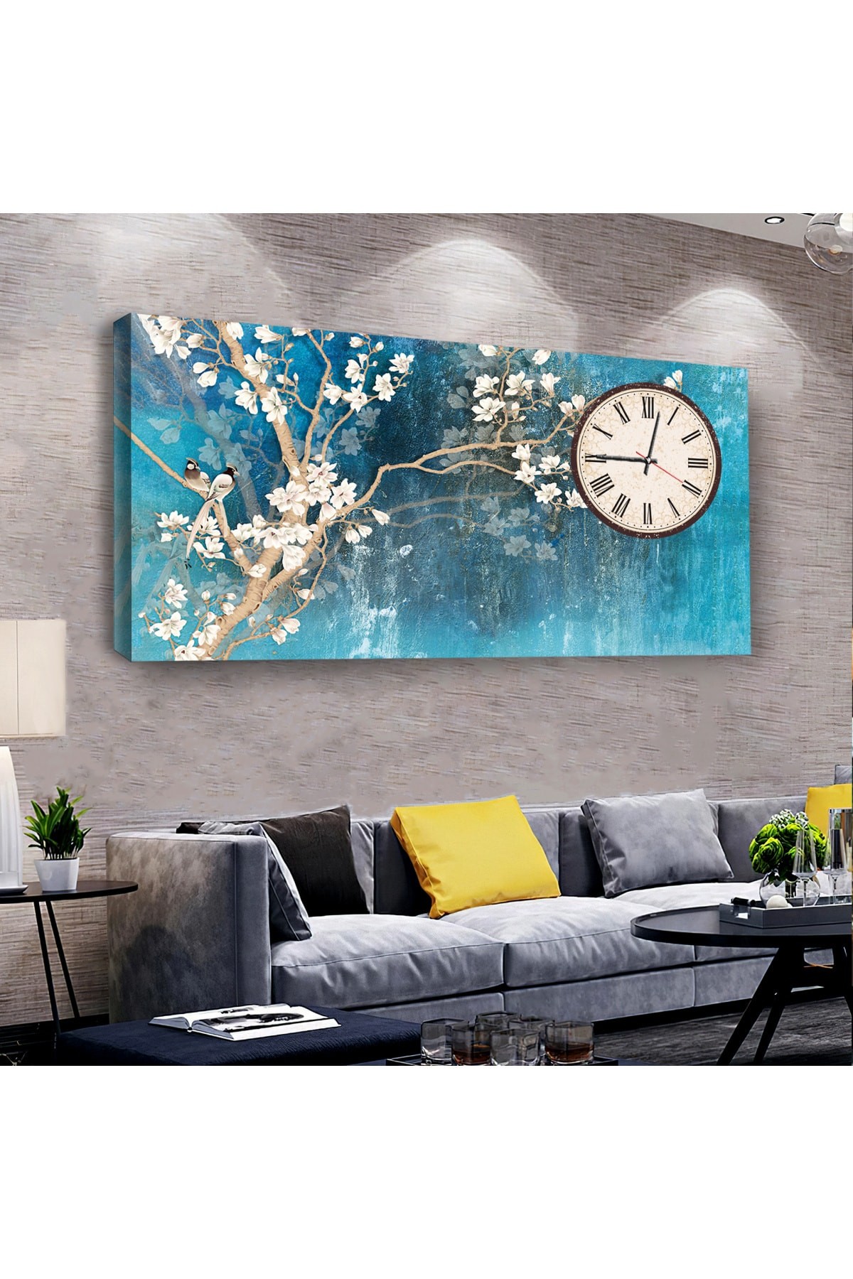 Tasarım Beyaz Çiçek saatliAhşap Şase Dijital Baskı Kanvas Tablo 100X50Cm