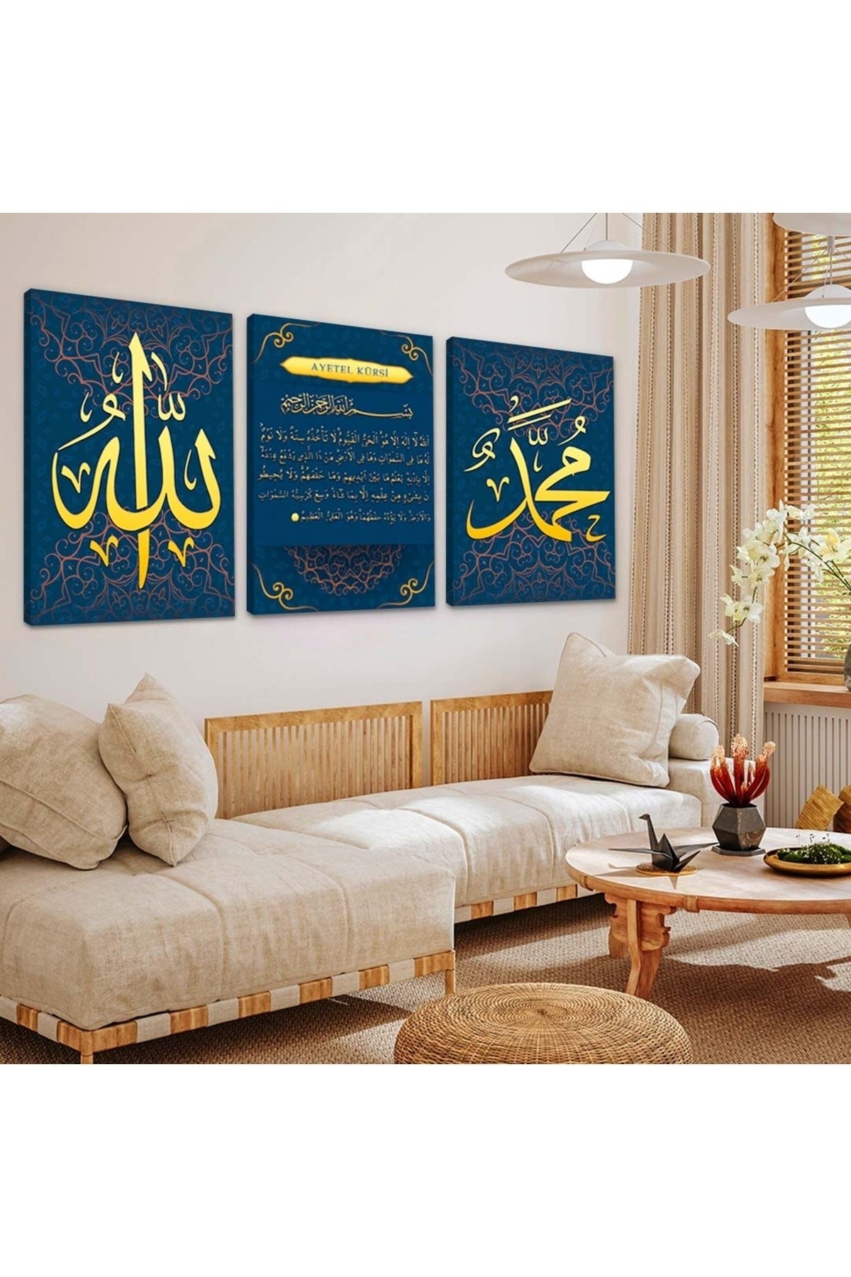 Zevahir 3'lü Kanvas Ayetel Kürsi Ve Allah Hz Muhammed Lafzı Dini Tablo