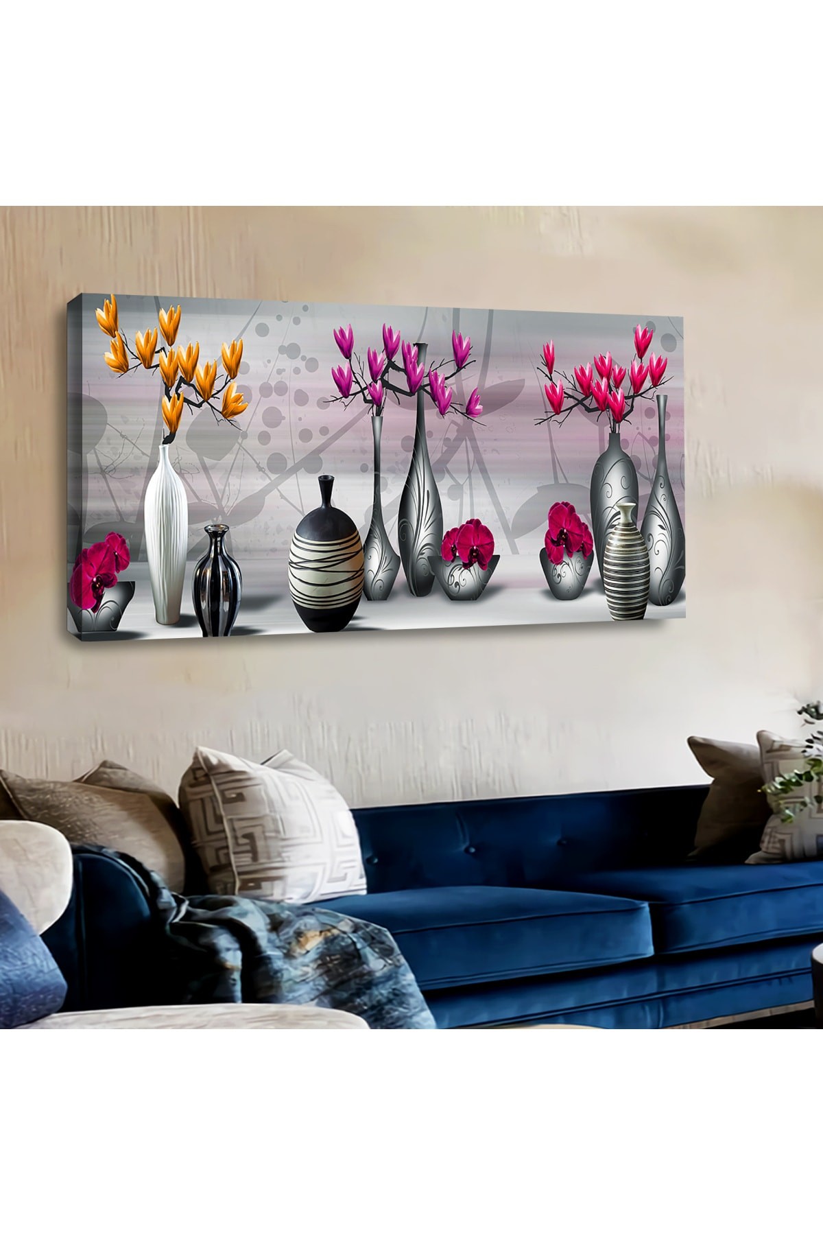 Ahşap Şase Dijital Baskı Kanvas Vazo Çiçek Tablosu 120X60Cm