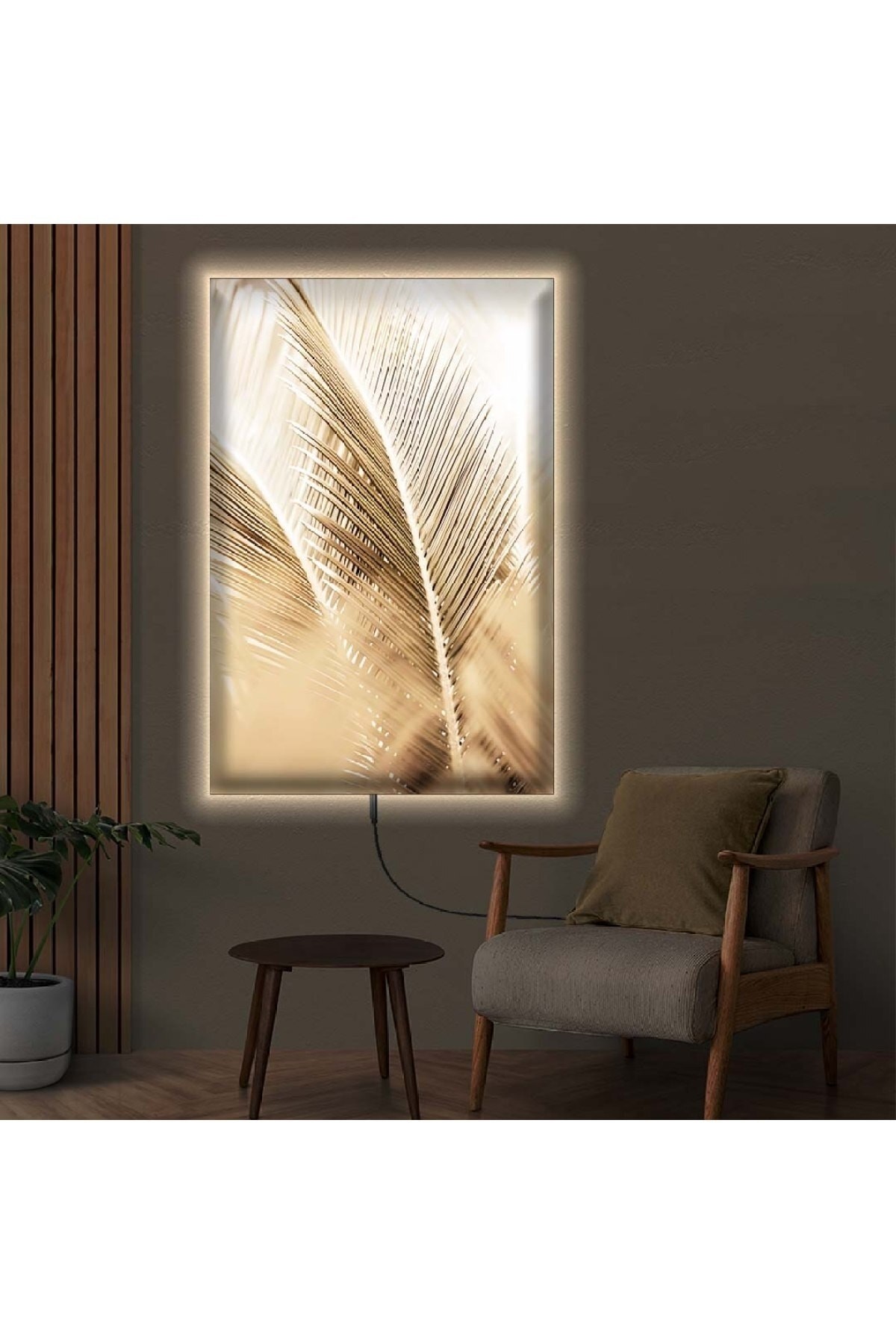 Ledli Sarı Eğrelti Otu Ahşap Şase Dijital Baskı Kanvas Tablo 90X60Cm