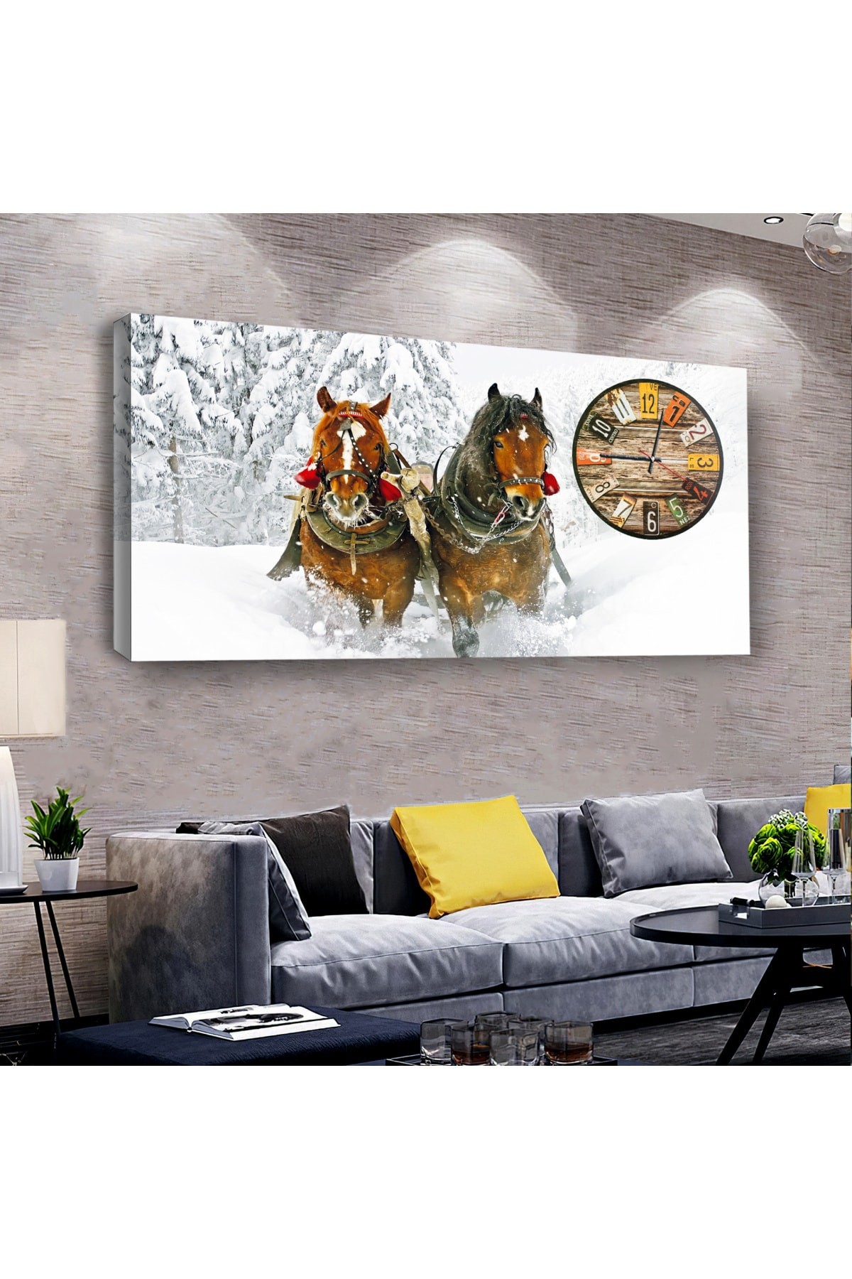 Kış Atları saatliAhşap Şase Dijital Baskı Kanvas Tablo 120X60Cm