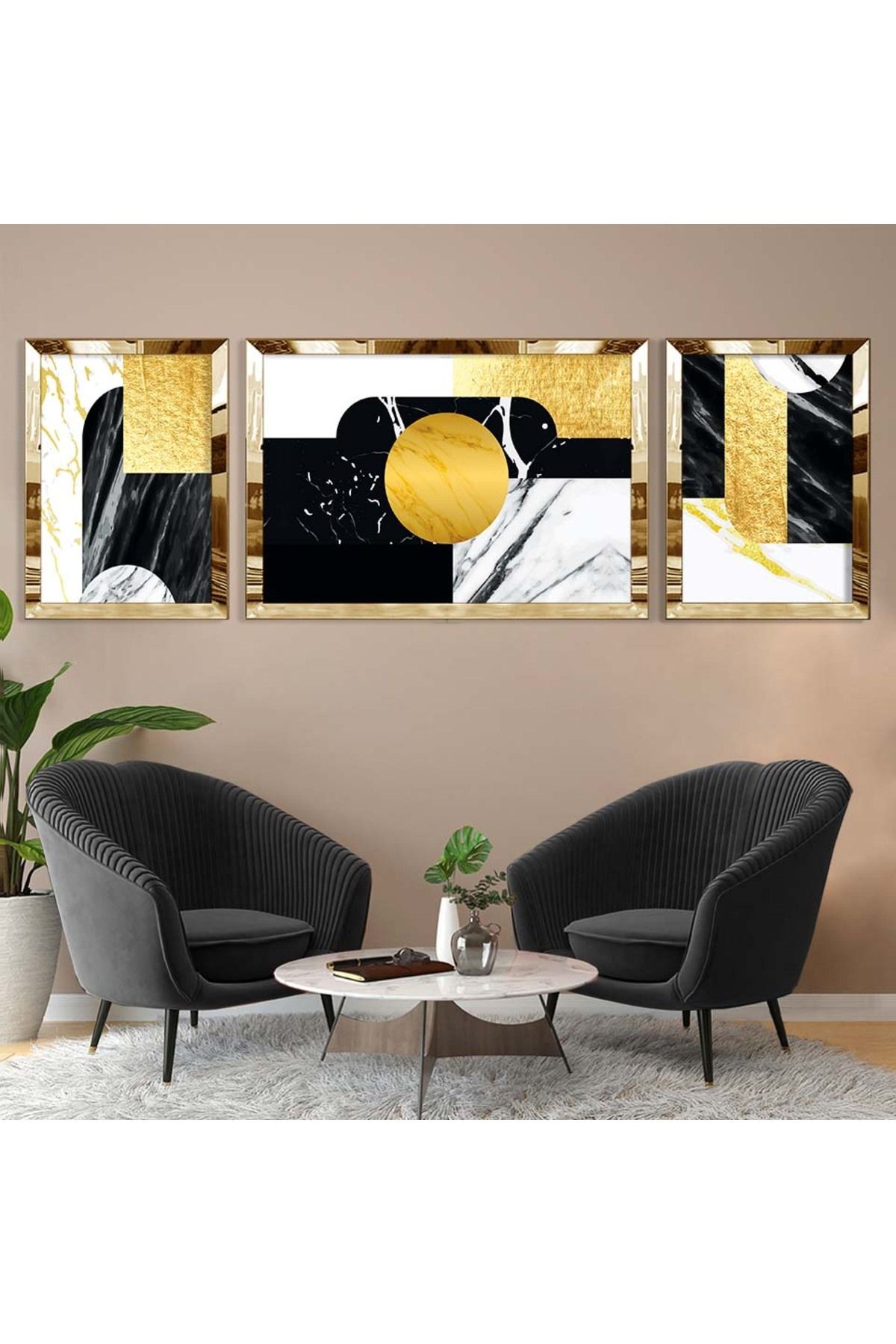 Gold Aynalı Pleksi Çerçeveli Üçlü Soyut Mermer Desenli Mdf Tablo Seti