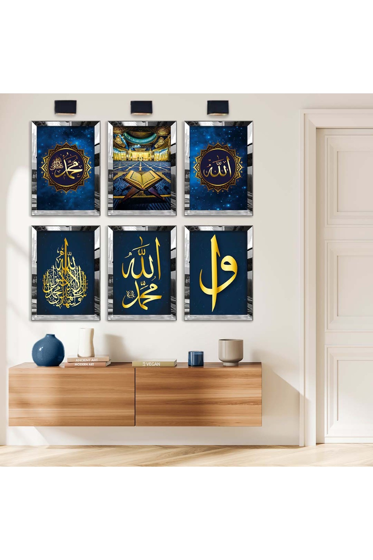 Allah Lafzı Ve Elif Vav Dini Model 6 'Lı Pleksi Kenar Solmaz MDF Tablo Seti