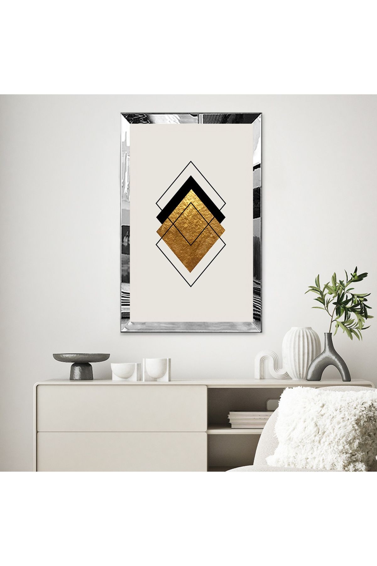 Gold  Aynalı Pleksi Çerçeveli Minimal Tarzda Siyah Ve Altın Renkli Geometrik Tasarım Tablo