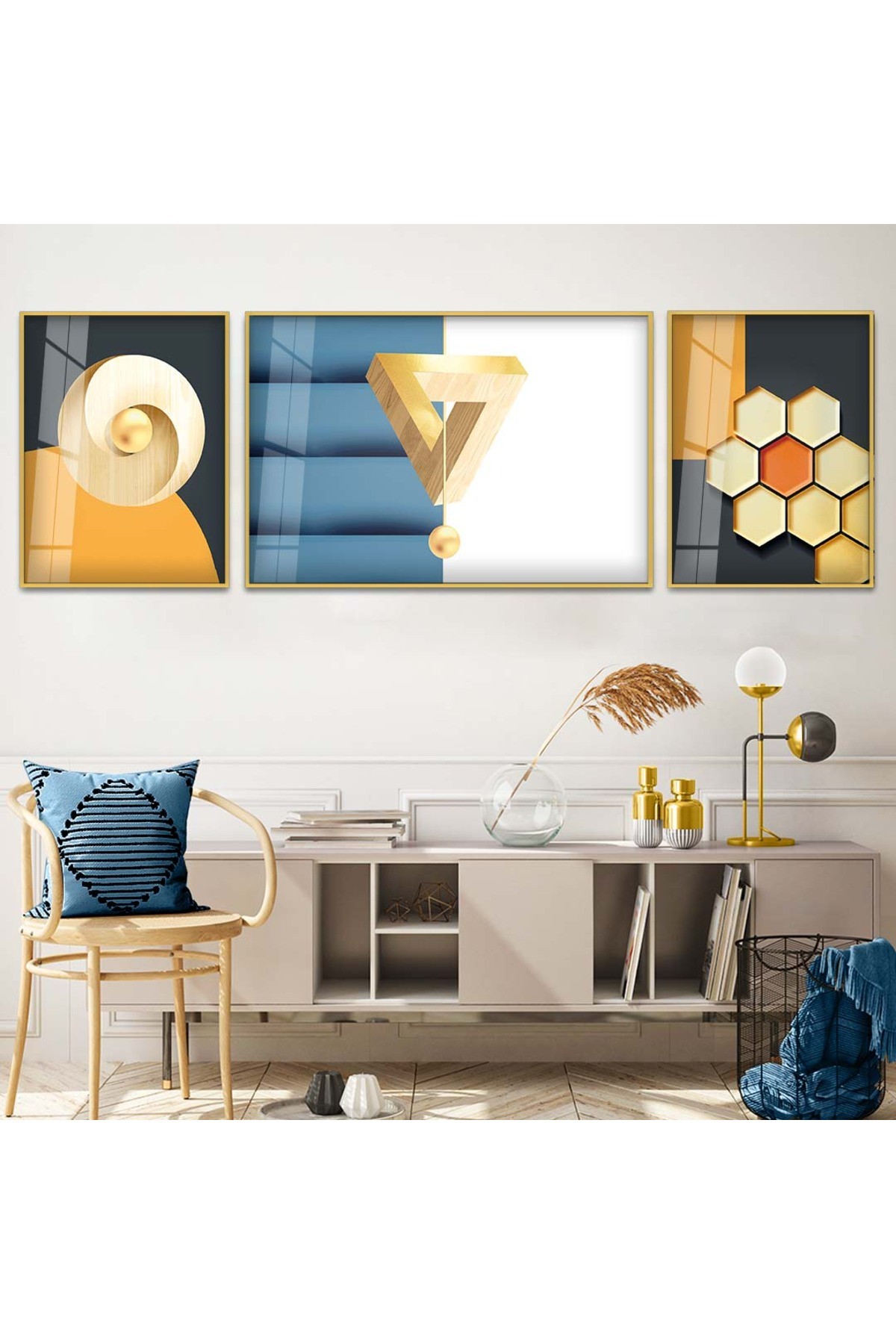 Modern Tablo Çizim Soyut Desen 3'Lü Metal Çerçeveli UV Baskı Kırılmaz Cam Tablo