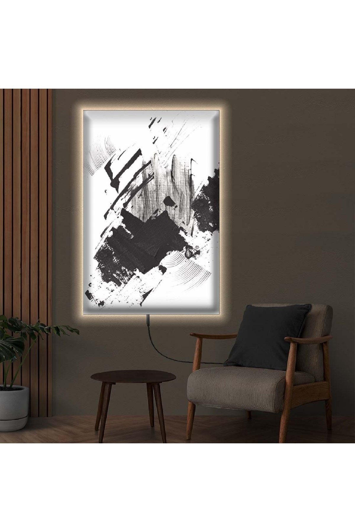 Minimalist Ledli Soyut Desen Ahşap Şase Dijital Baskı Kanvas Tablo 90X60Cm