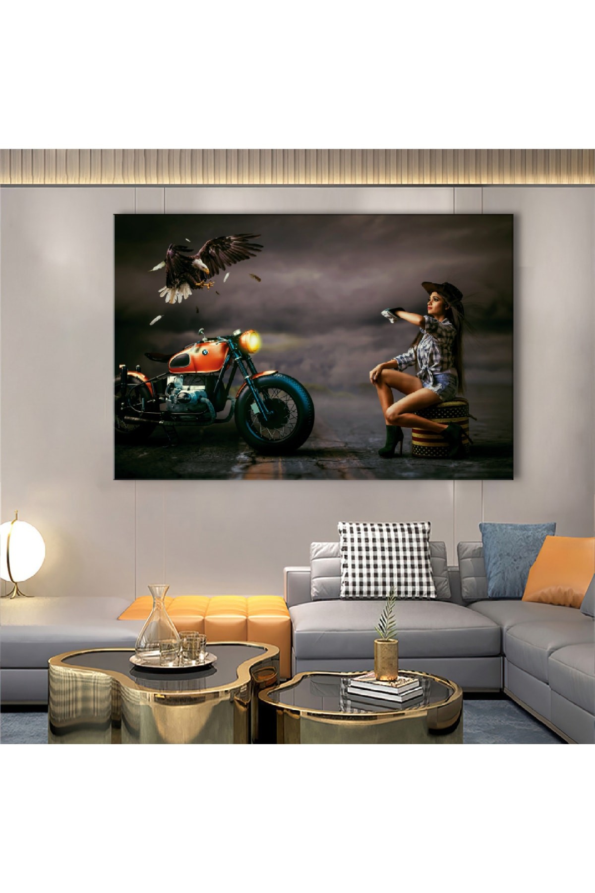 Motorsikletli Kız Ahşap Şase Dijital Baskı Kanvas Tablo 120X80Cm