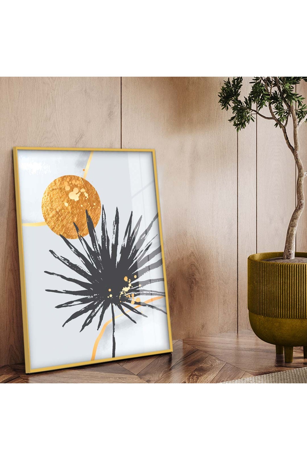 Modern Tablo Kolaj Çizim Yaprak Desen Metal Çerçeveli UV Baskı Kırılmaz Cam Tablo