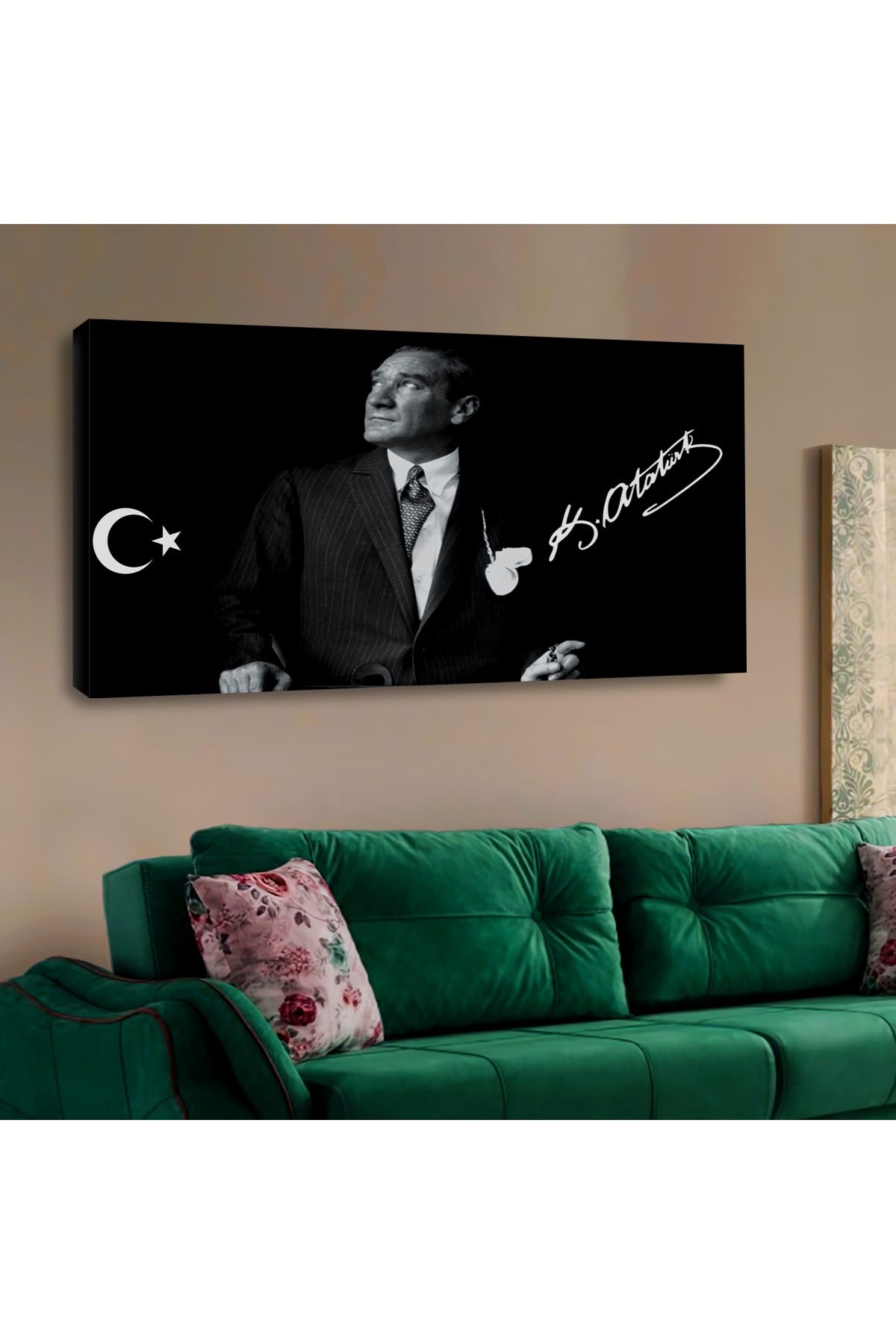 Ahşap Şase Dijital Baskı Kanvas Siyah Renk Atatürk Tablosu 120X60Cm