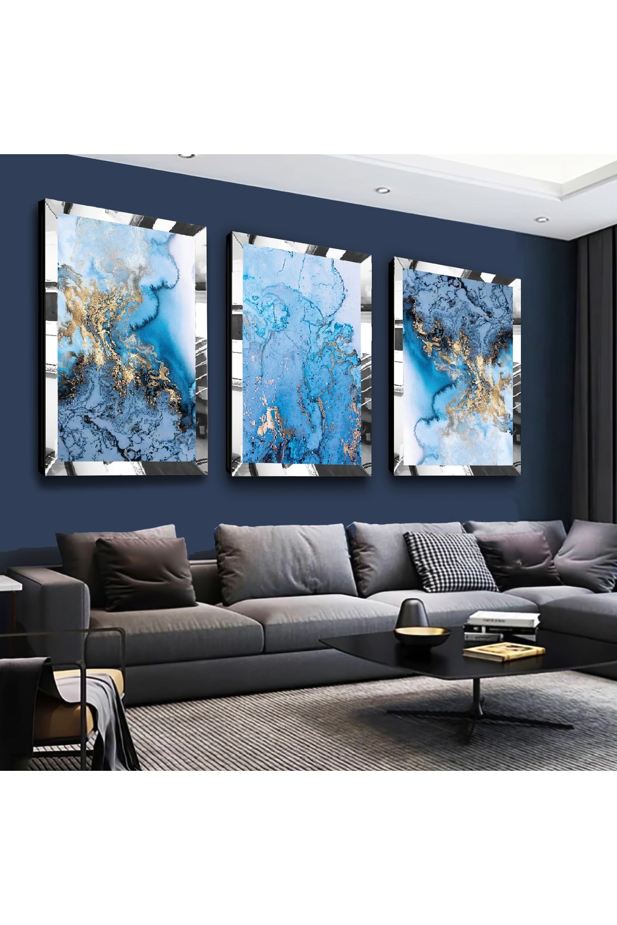 Mavi Dalgalar Modern Gold Pleksi Kenar 3'Lü Solmaz MDF Tablo Seti