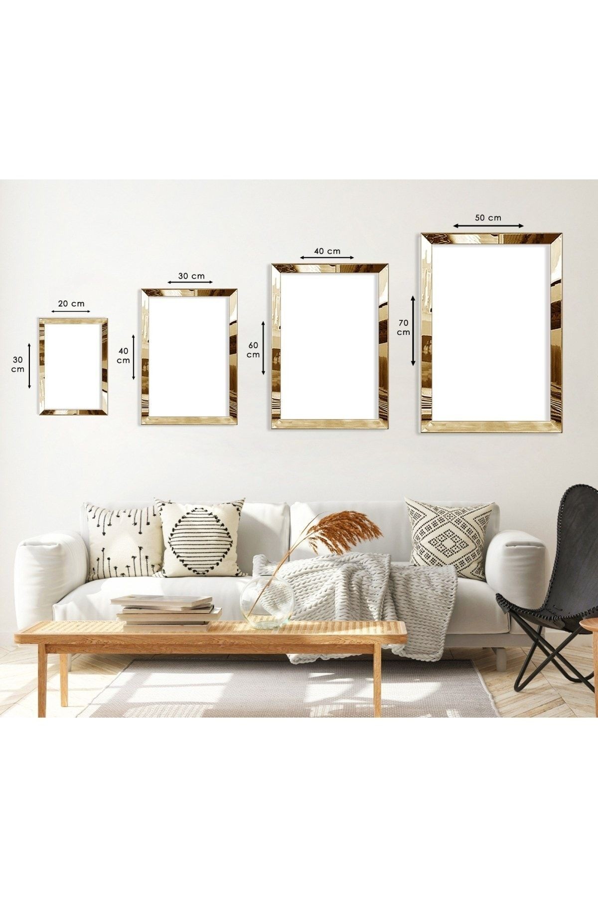 Gold Aynalı Pleksi Çerçeveli Minimalist Aynalı Üçlü Mdf Tablo Seti