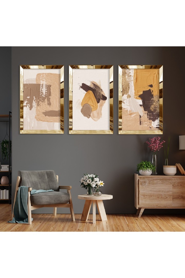 Renkli Soyut Desen Gold Pleksi Kenar 3'Lü Solmaz MDF Tablo