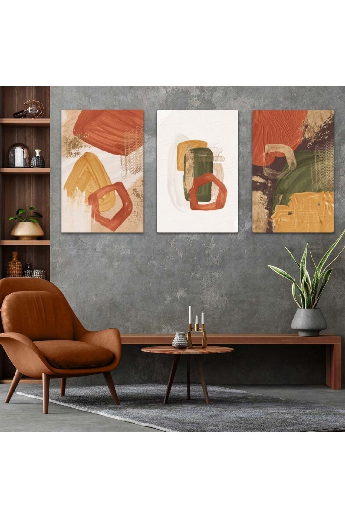 Minimalist Tablo Soyut Desen Şekiller 3'Lü Solmaz MDF Tablo Set
