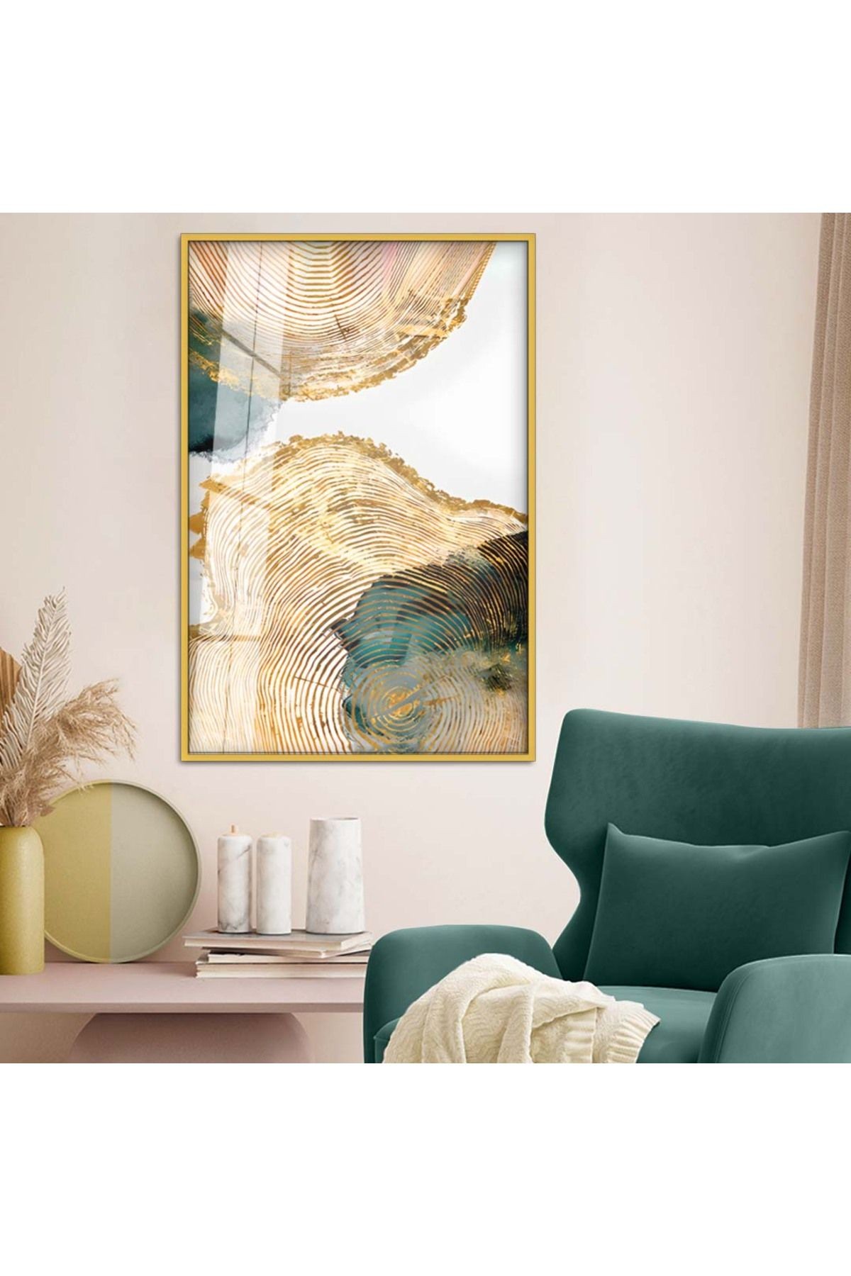 Gold Metal Çerçeveli Soyut Tema Modern Çizim Kırılmaz Cam Tablo