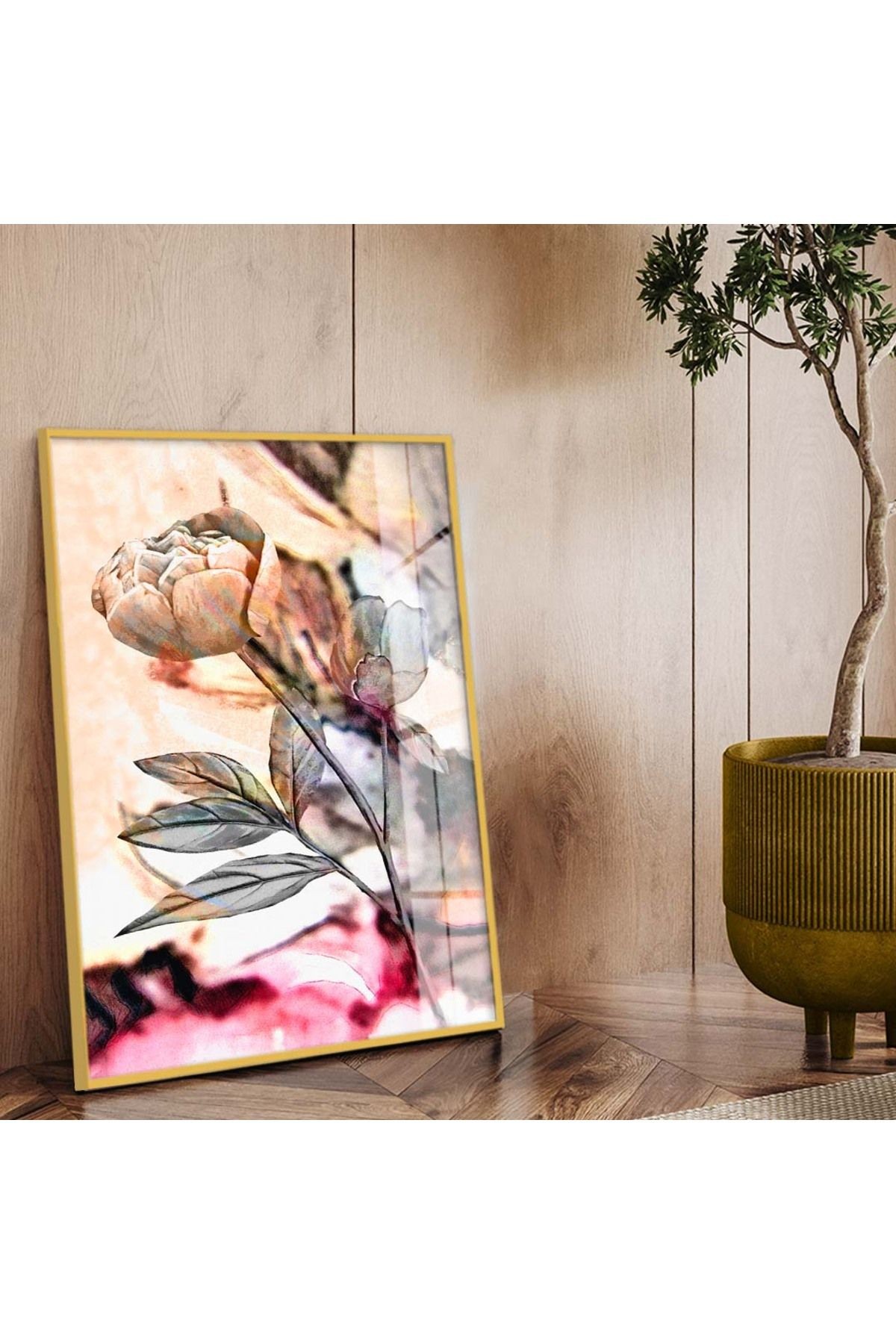 Gold Metal Çerçeveli Çiçek Desen Modern Çizim Kırılmaz Cam Tablo