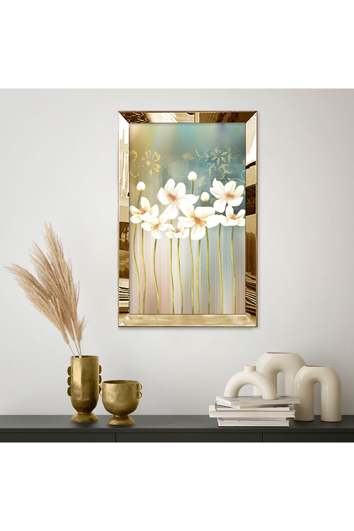 Gold Aynalı Pleksi Çerçeveli Modern Altın Sarısı Beyaz Çiçek Desenlili Soyut Çizim Mdf Tablo