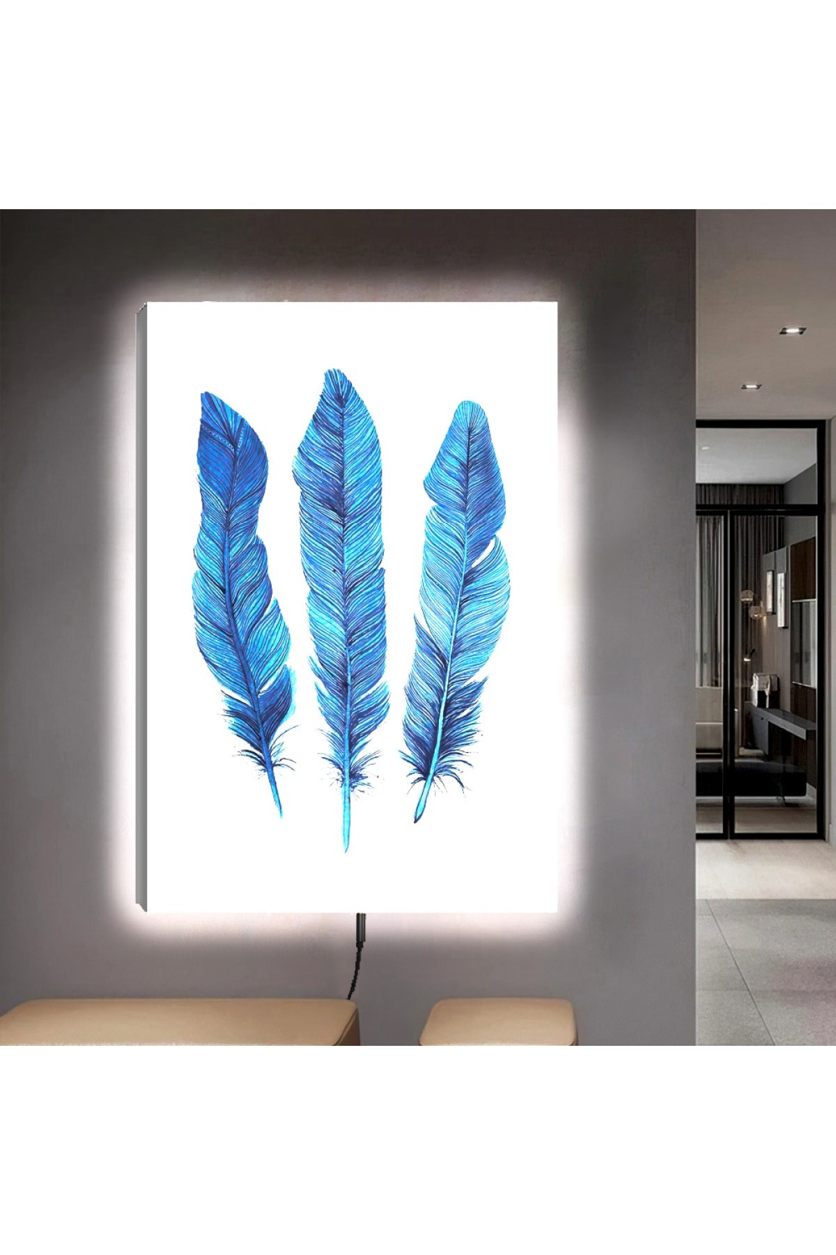 Modern Ledli Mavi Tüy Ahşap Şase Dijital Baskı Kanvas Tablo 90X60Cm