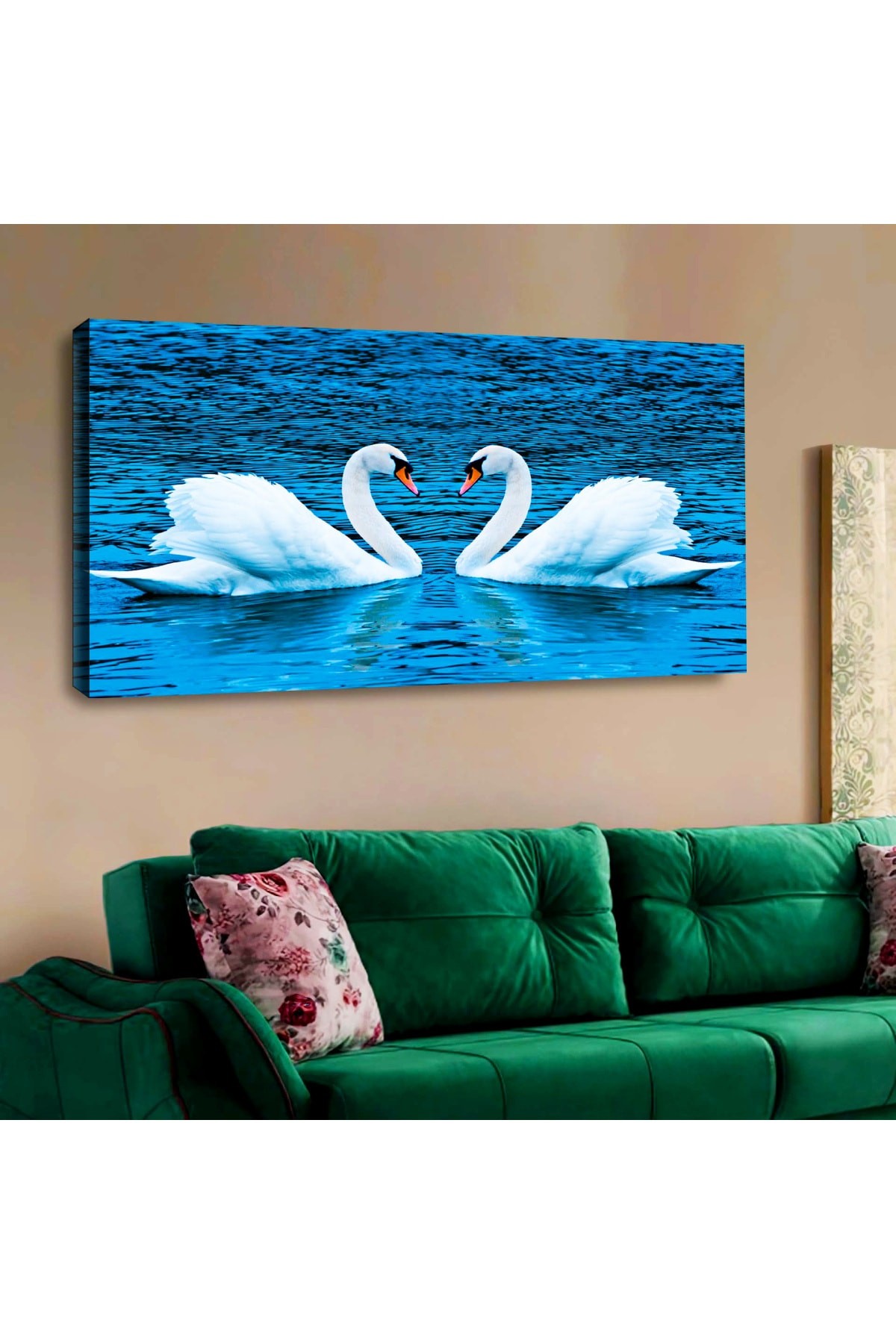 Ahşap Şase Dijital Baskı Kanvas Mavi Kuğu Aşk Tablosu 120X60Cm