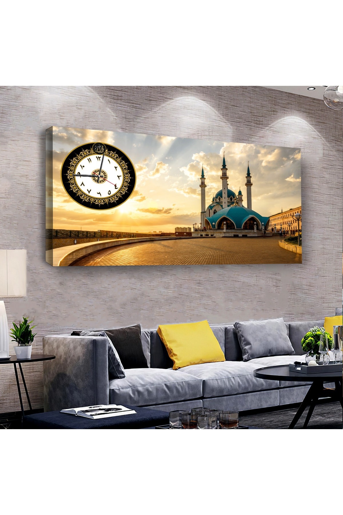 Dini ve İslami Tablo Cami Manzara saatliDijital Baskı Kanvas Tablo 100X50Cm