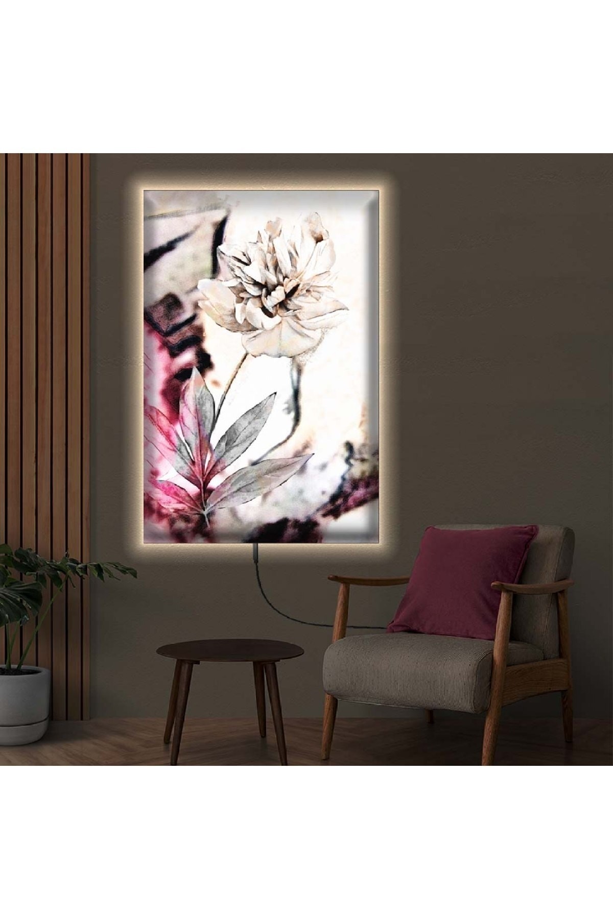 Minimalist Ledli Çiçek Desen Ahşap Şase Dijital Baskı Kanvas Tablo 70X100Cm