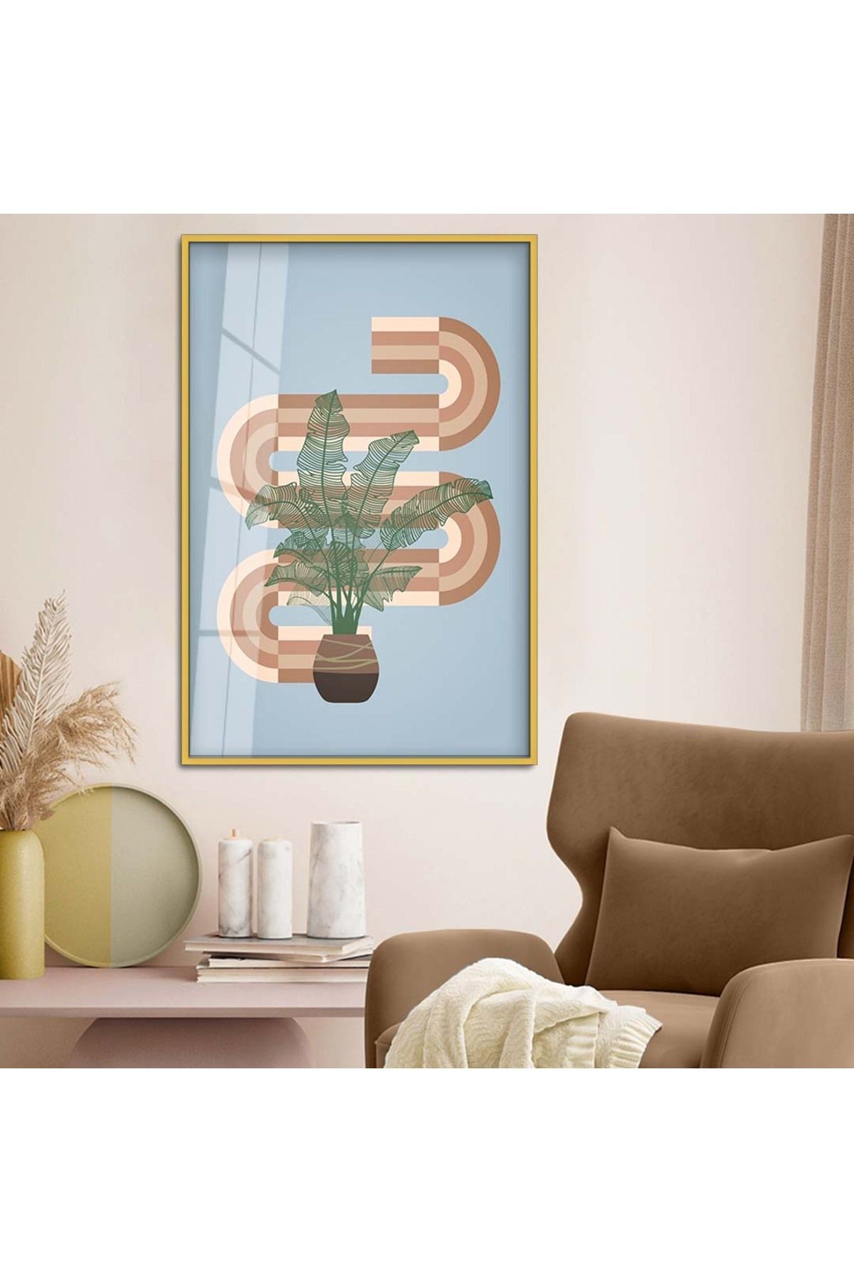 Gold Metal Çerçeveli Modern Çizim Bitki Tema Kırılmaz Cam Tablo