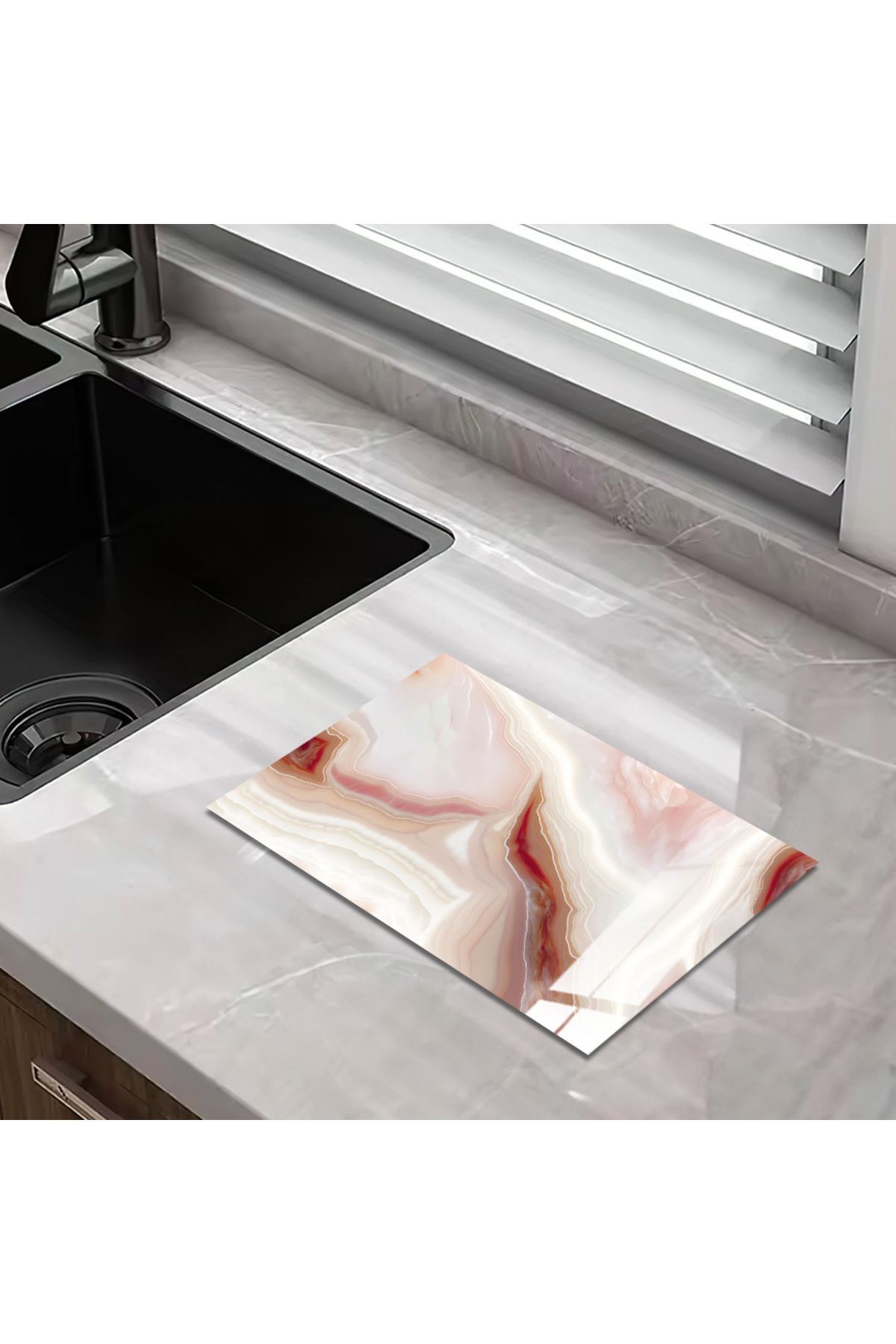 Cam Kesme Tahtası Pembe Tonlu Mermer Desenli
