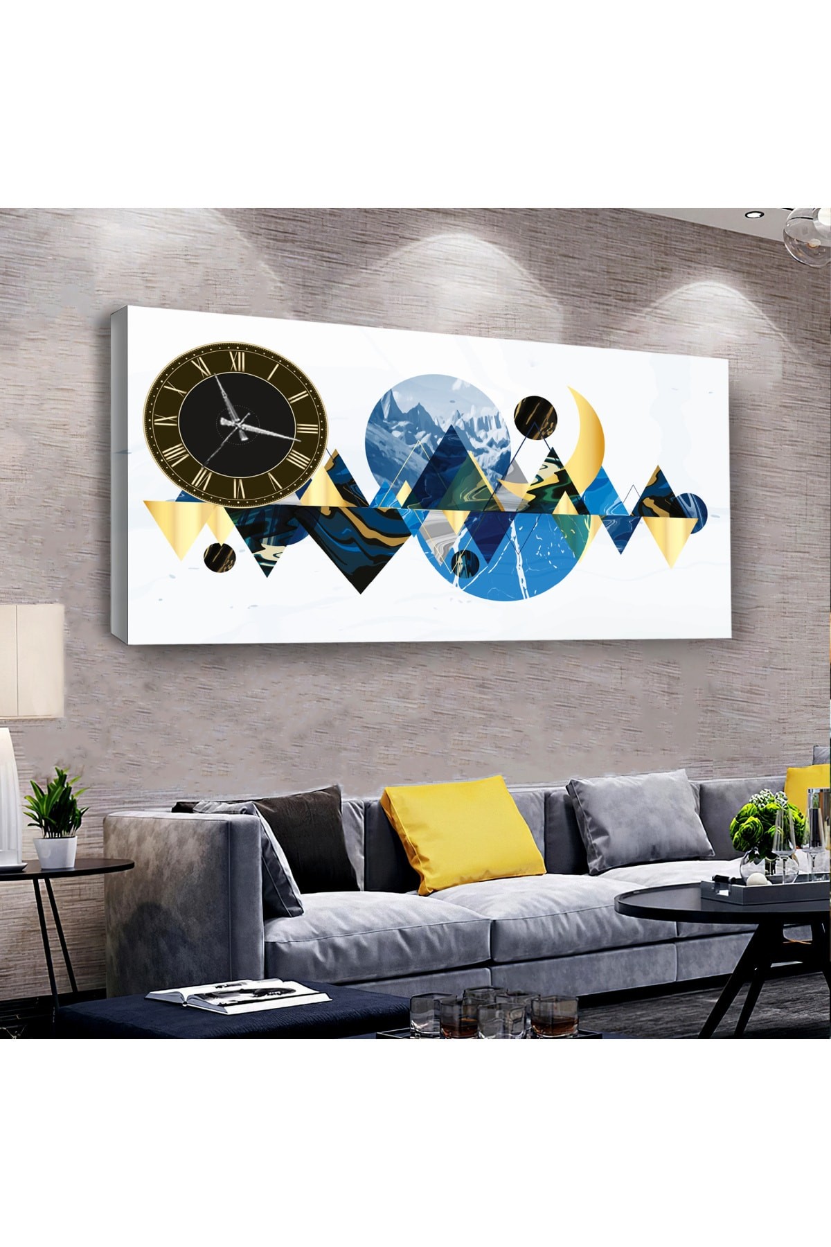 Sanatsal Kolaj Çizim saatliAhşap Şase Dijital Baskı Kanvas Tablo 100X50Cm
