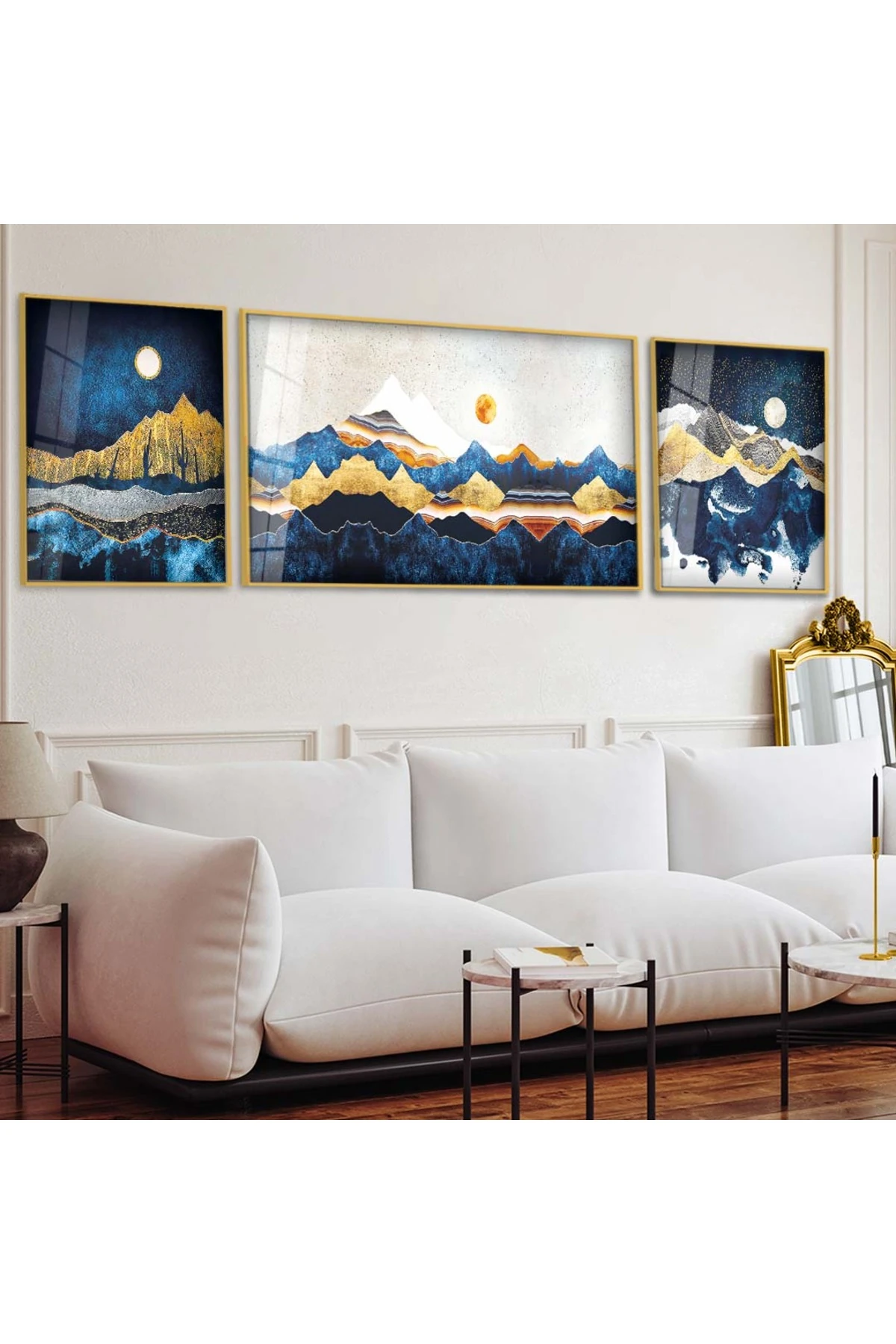 Tasarım Kolaj Çizim Dağ Manzara 3'Lü Metal Çerçeveli UV Baskı Kırılmaz Cam Tablo
