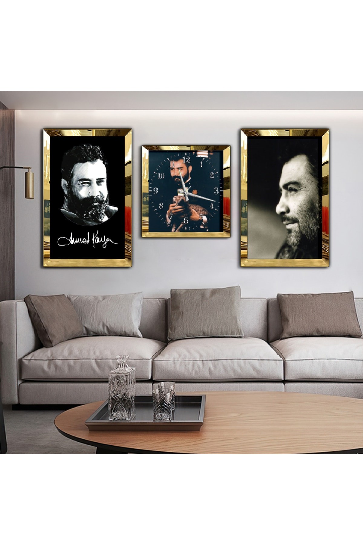 Minimalist Ahmet Kaya Aynalı Gold Pleksi Çerçeveli Solmaz MDF Tablo Ve Saat Seti