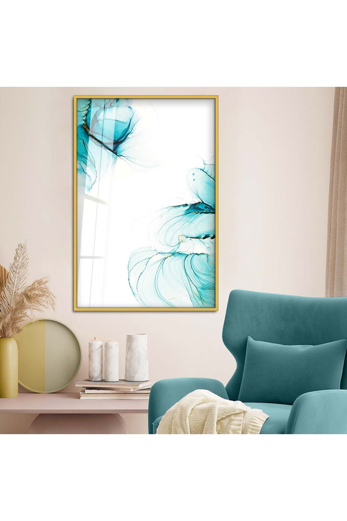 Minimal Salon Tablosu Soyut Tema Modern Çizim Metal Çerçeveli UV Baskı Kırılmaz Cam Tablo