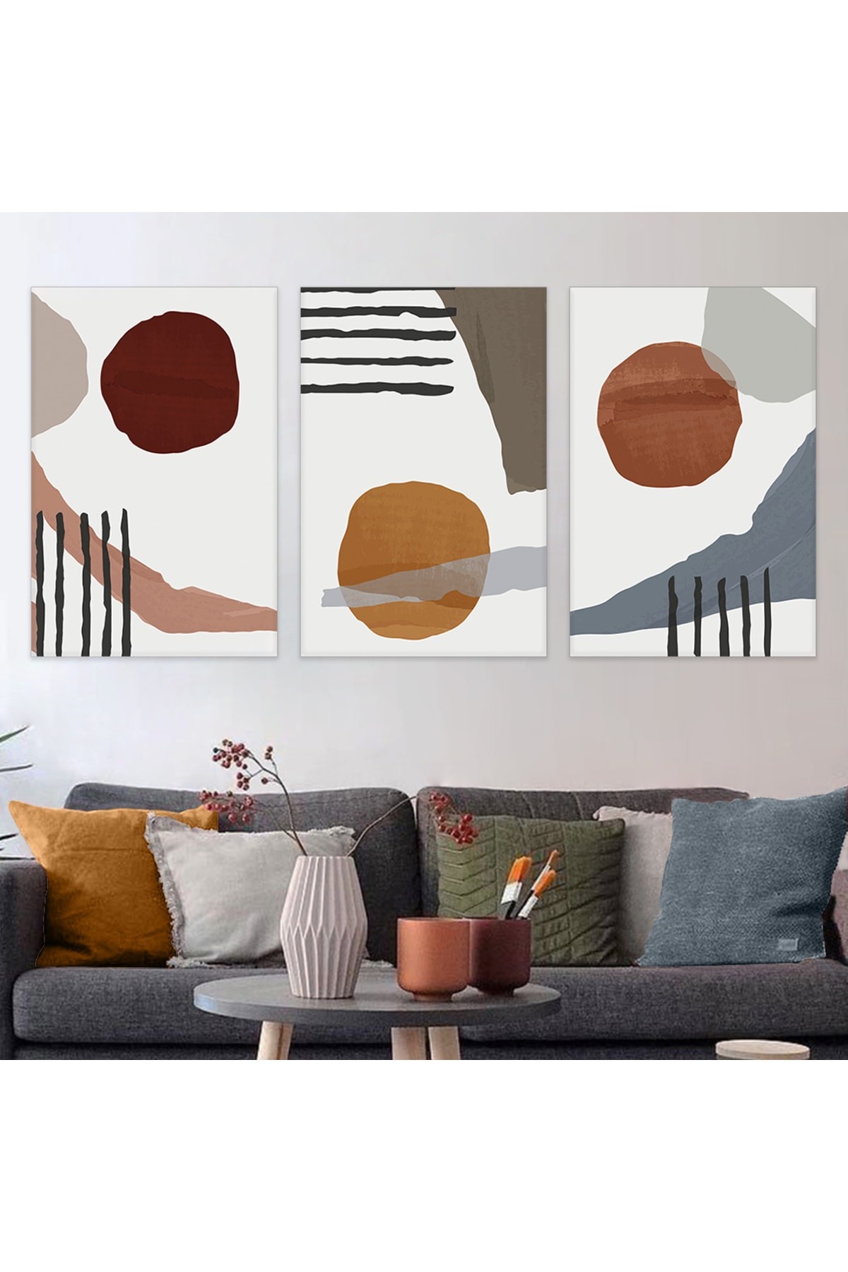 Sanat Tablosu Şekiller Soyut Desen 3'Lü Ahşap Şase Dijital Baskı Kanvas Tablo