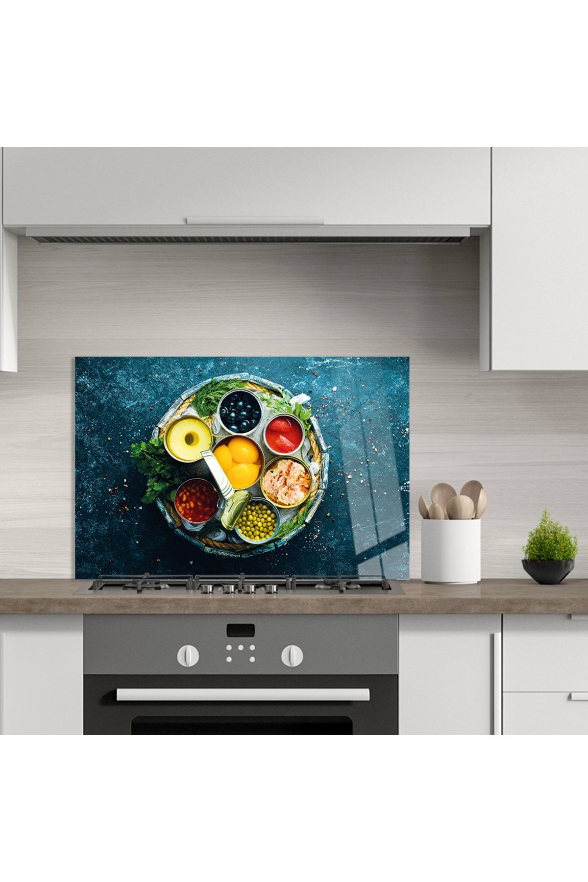 Ocak Arkası Temperli Cam Sepet İçinde Konserve Ürünlü