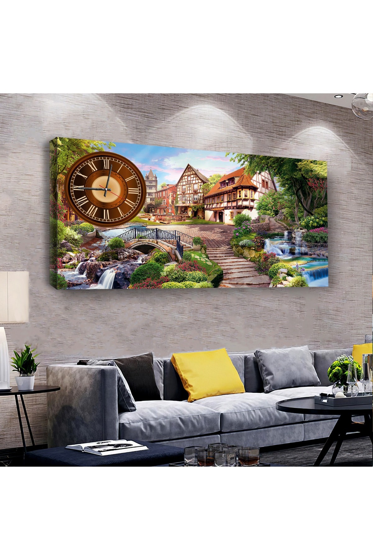 Ev Manzara saatliAhşap Şase Dijital Baskı Kanvas Tablo 120X60Cm