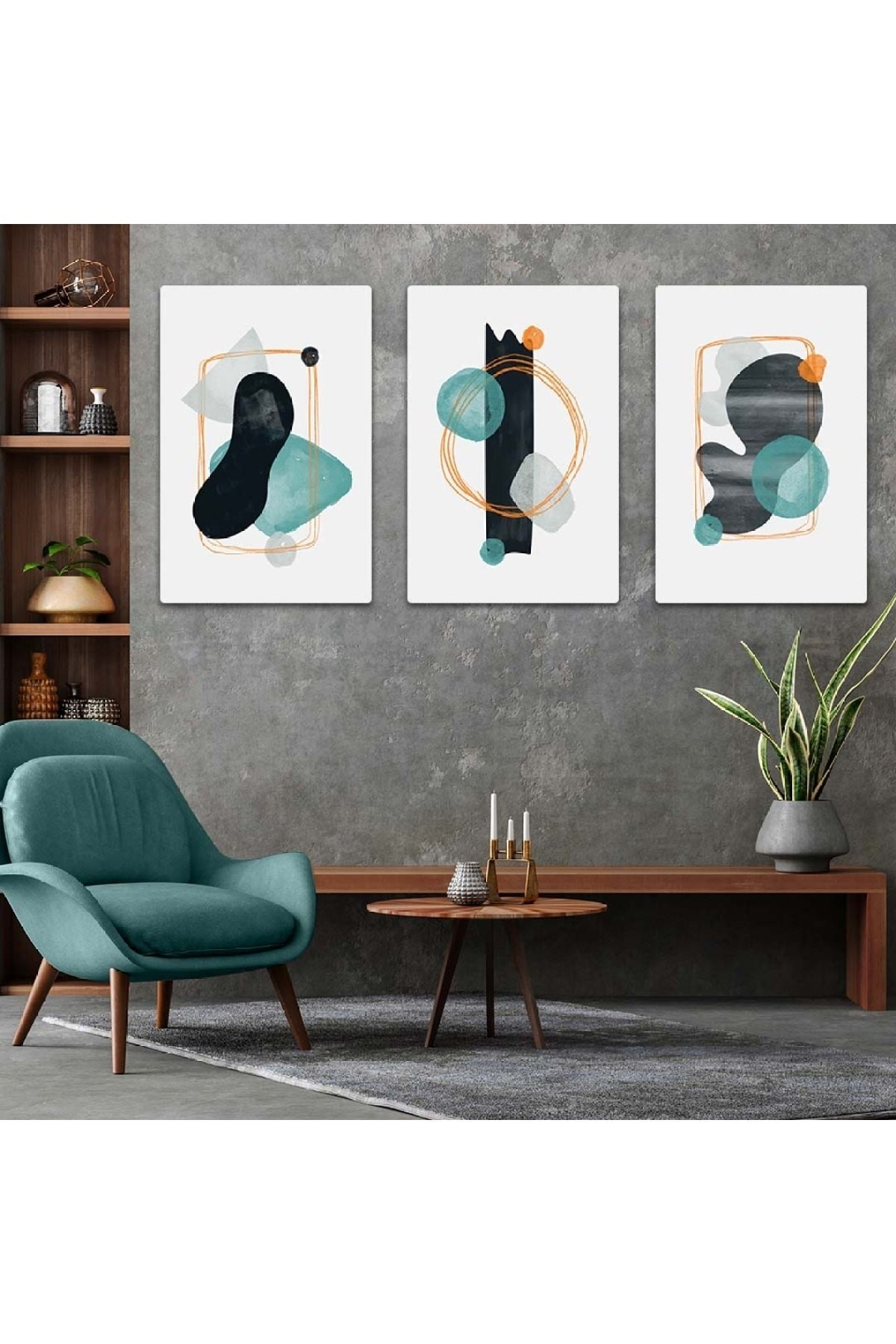 Oturma Odası Tablosu Minimalist Soyut Desen 3'Lü Solmaz MDF Tablo Set