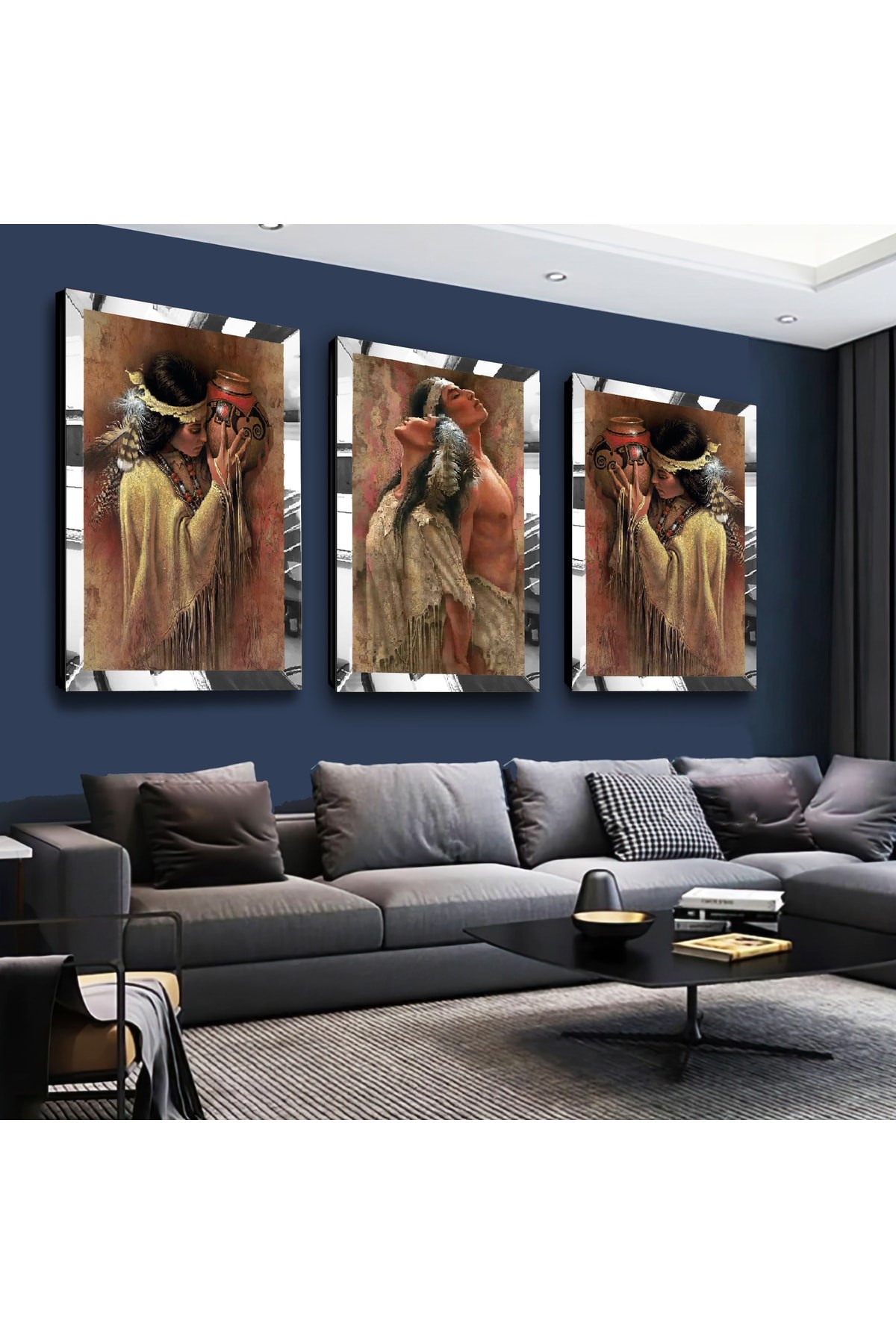 Kızıl Dereli Aşık Gençler Gold Pleksi Kenar 3'Lü Solmaz MDF Tablo Seti