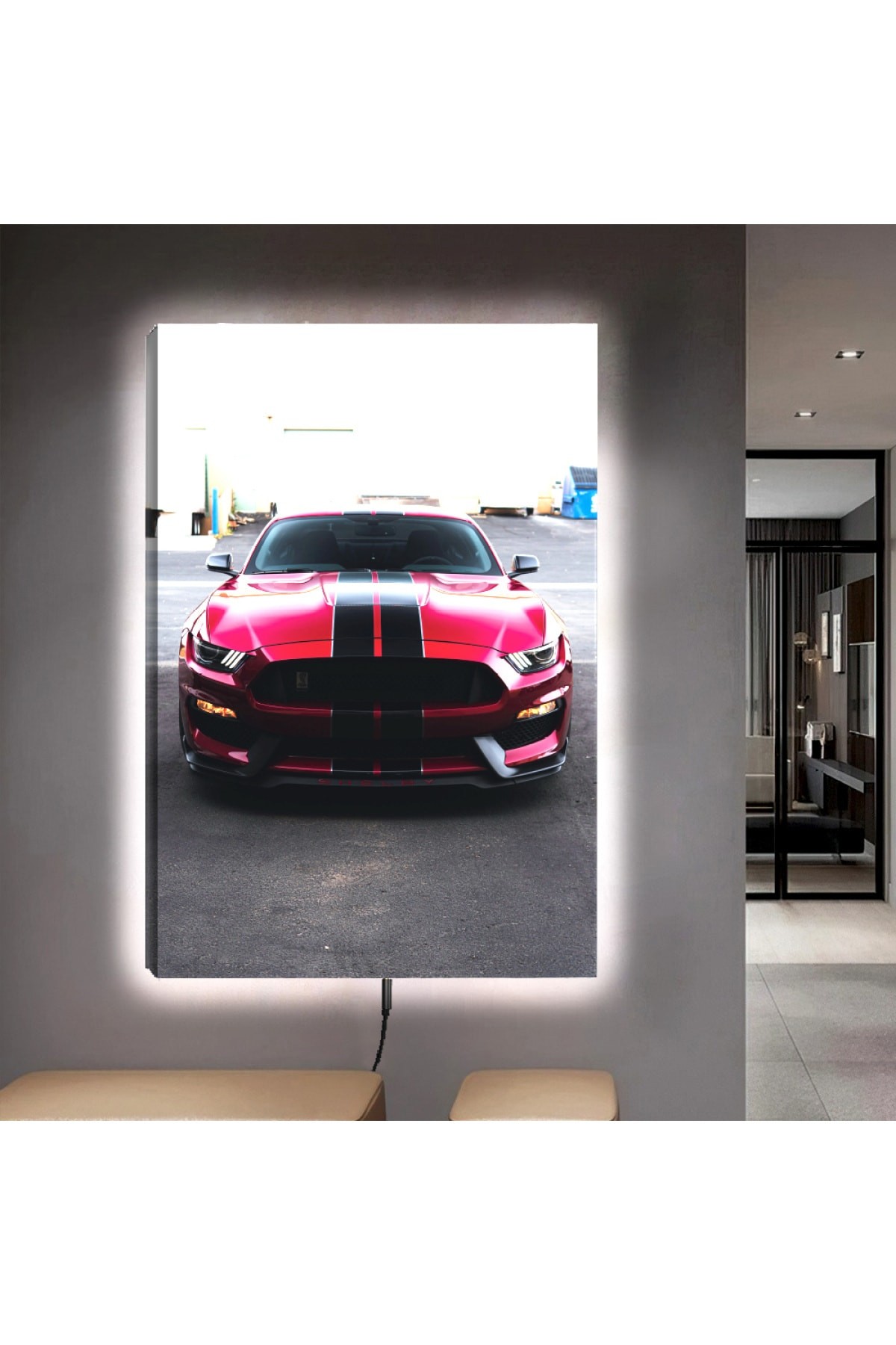 Minimalist Ledli Spor Araba Ahşap Şase Dijital Baskı Kanvas Tablo 90X60Cm